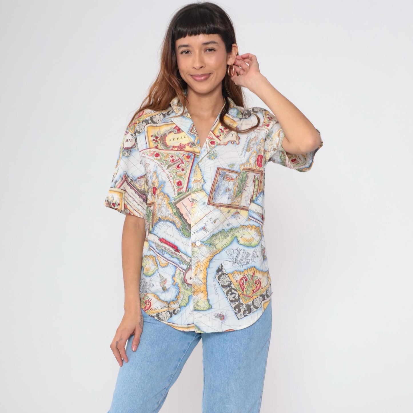 90s Lizwear Africa Map Print Cotton Button Up Shirt Small S