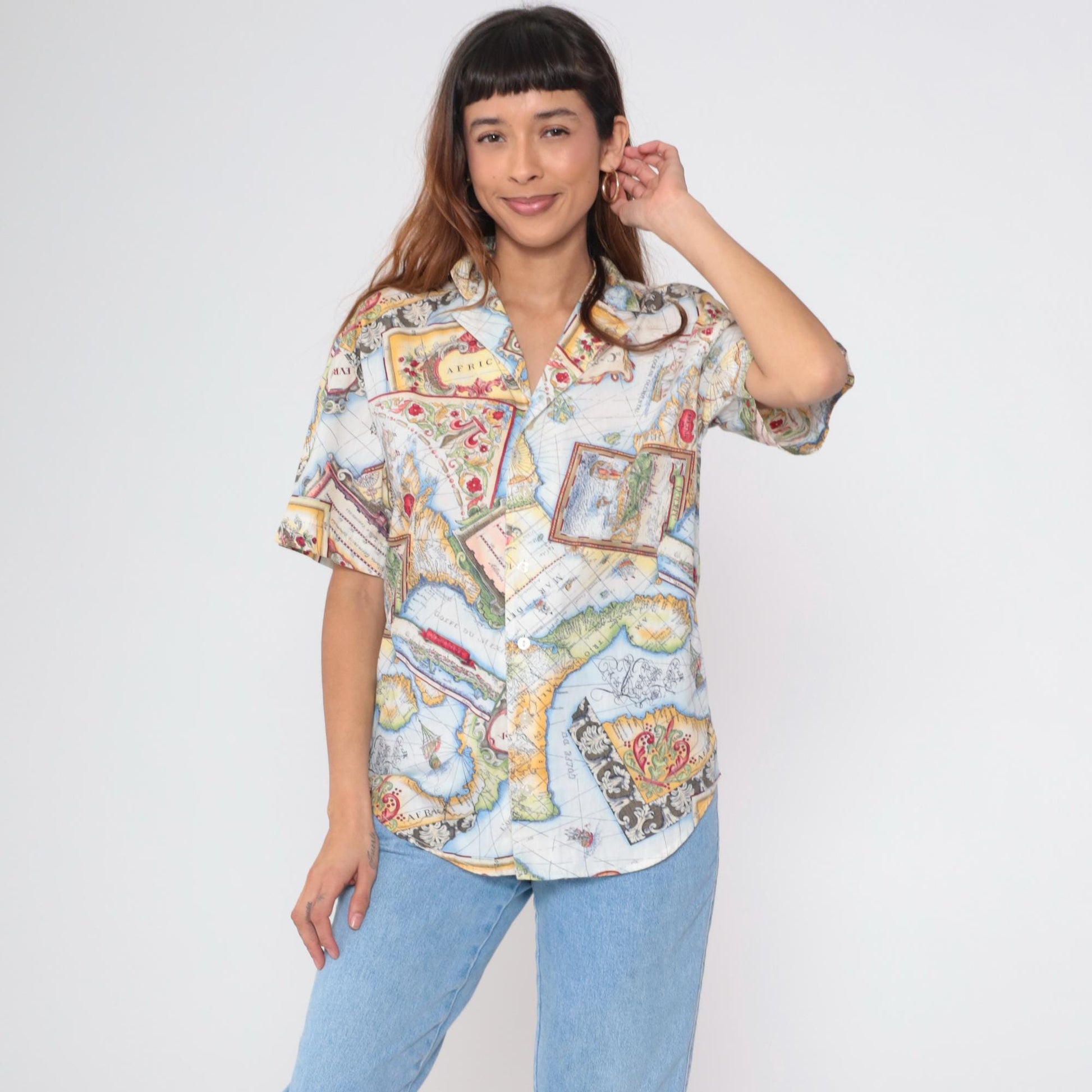 90s Lizwear Africa Map Print Cotton Button Up Shirt Small S