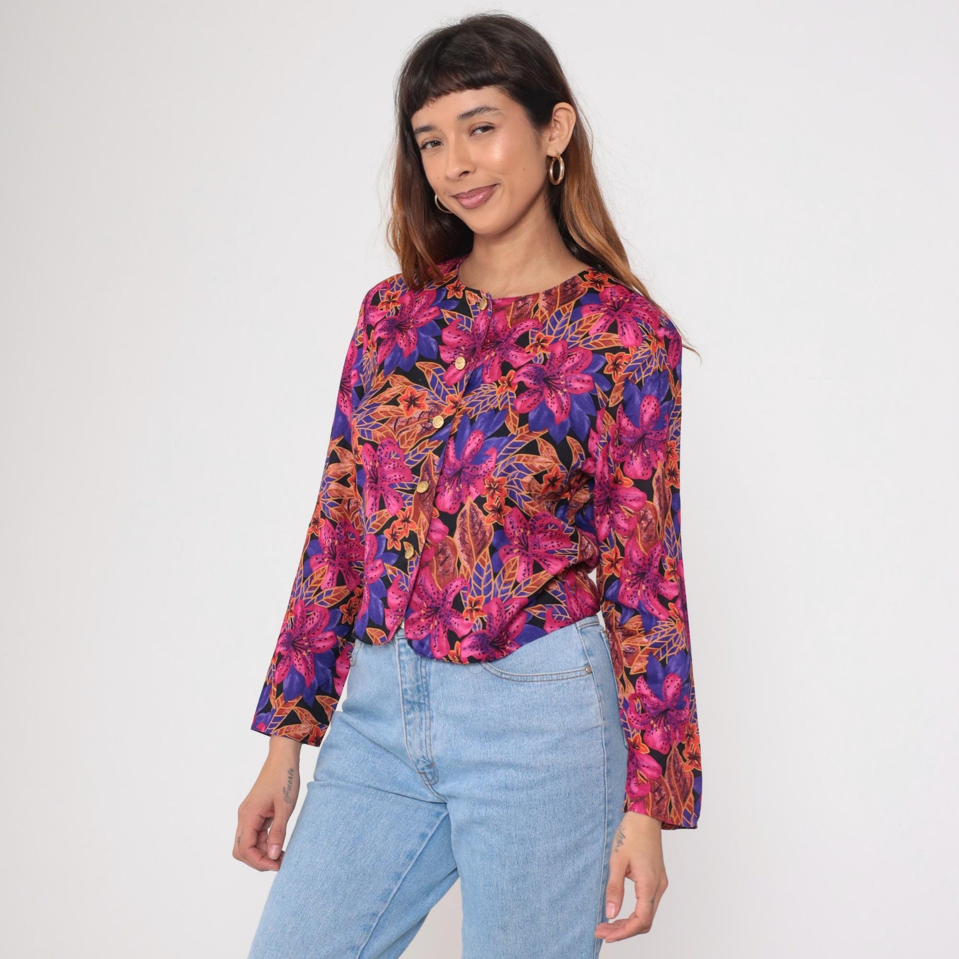 80s Norton McNaughton Tropical Floral Button-Up Blouse Fuchsia Small