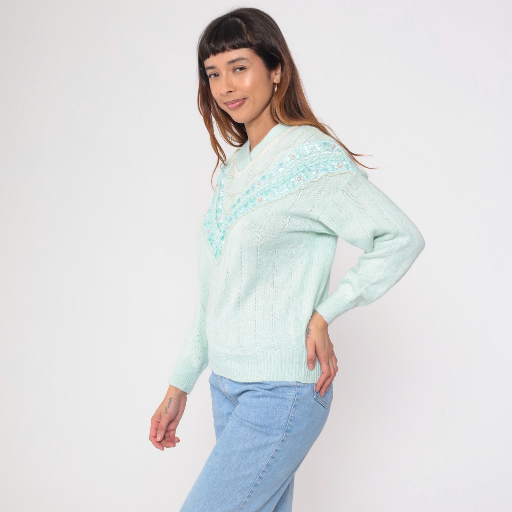 80s Seafoam Pearl Beaded Chevron Sweater Shawl Collar Knit Small