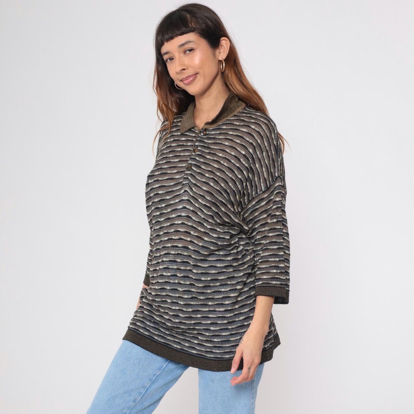 90s Mondo di Marco Striped Knit Polo Sweater Button Collar 3/4 Sleeve Large