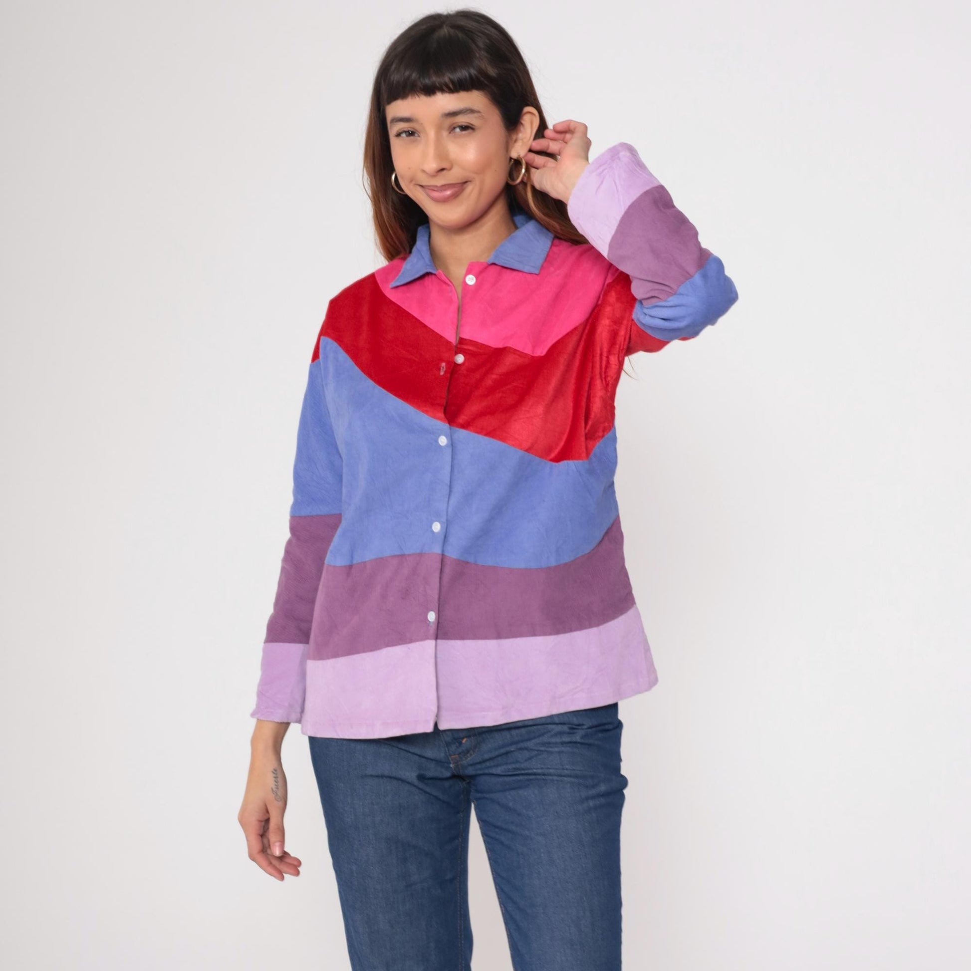 70s Corduroy Color Block Button Up Blouse Pink Purple Red Long Sleeve Large L