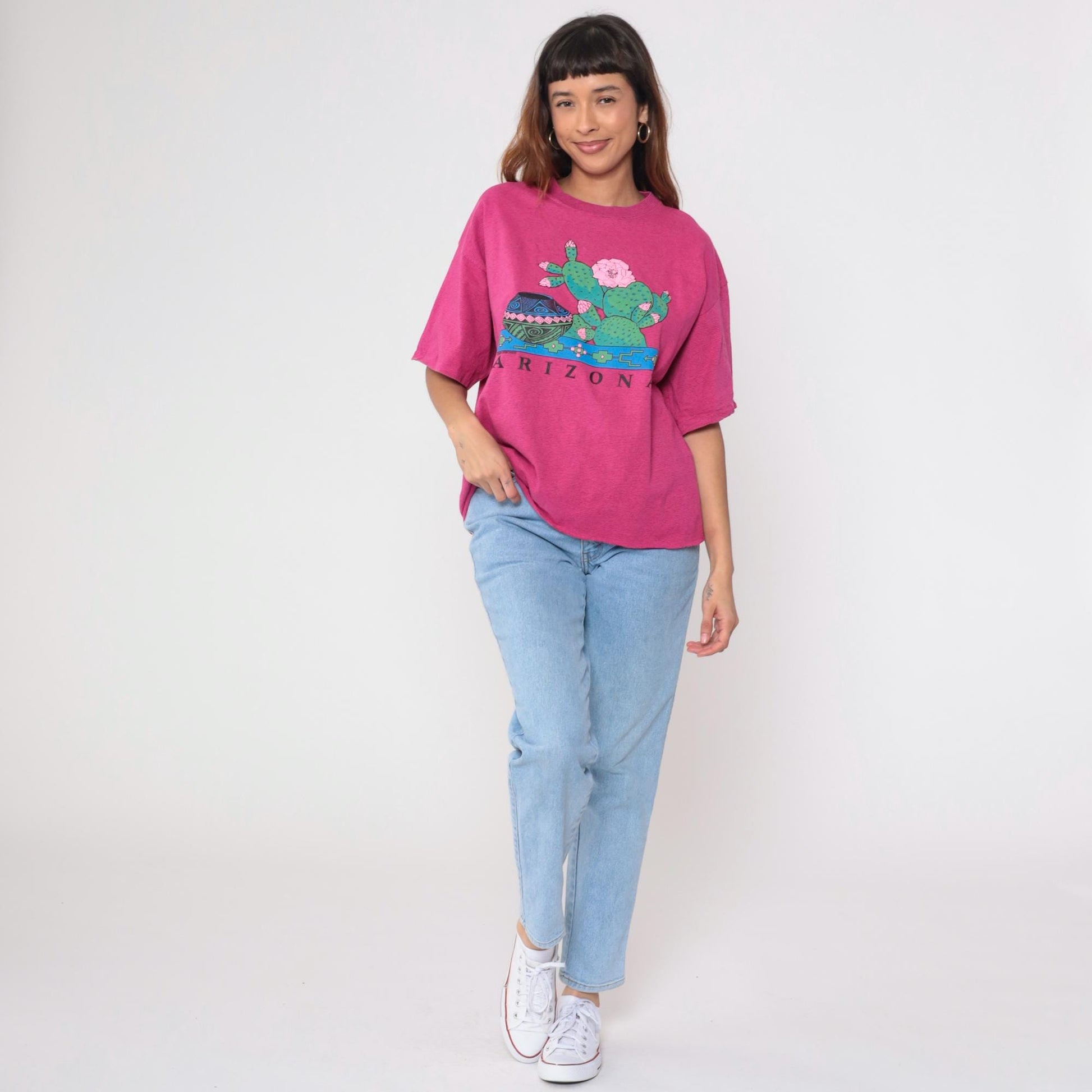 90s Arizona Prickly Pear Cactus Graphic T-Shirt Hot Pink Native American Pottery Extra Large