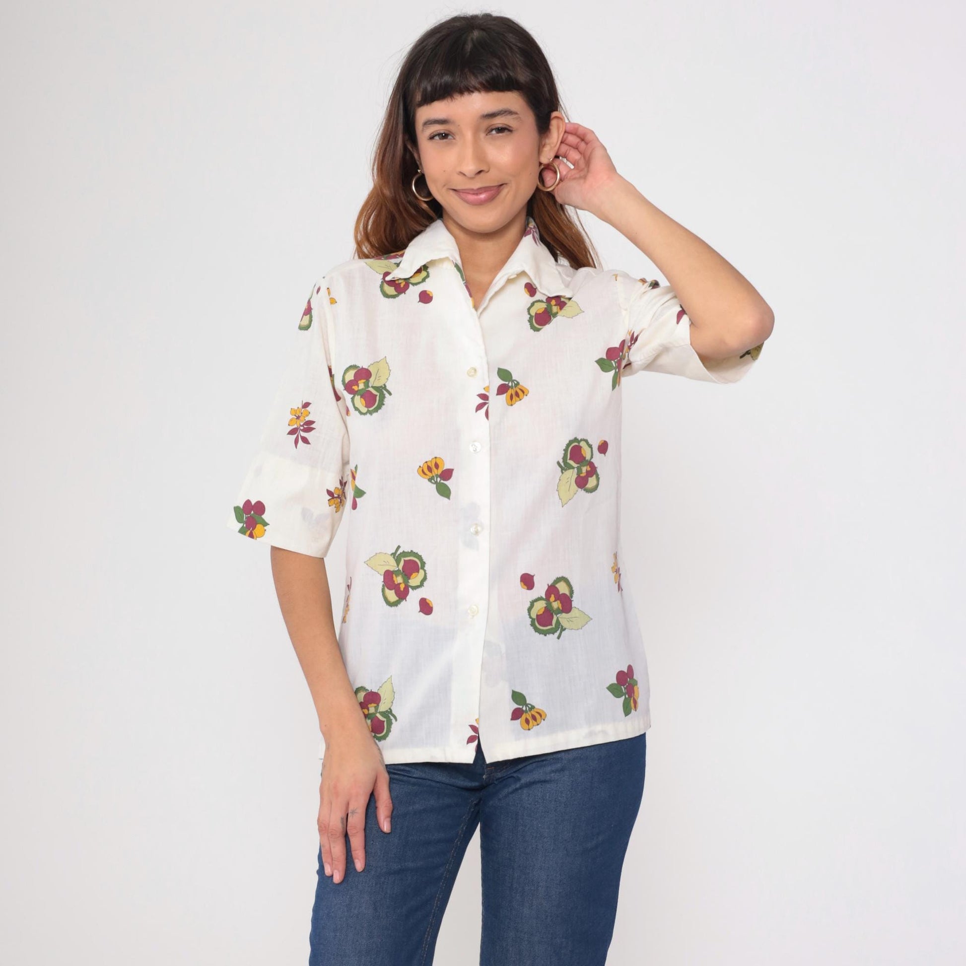 70s Laura Mae Fruit Print Button Up Blouse White Chestnut Medium