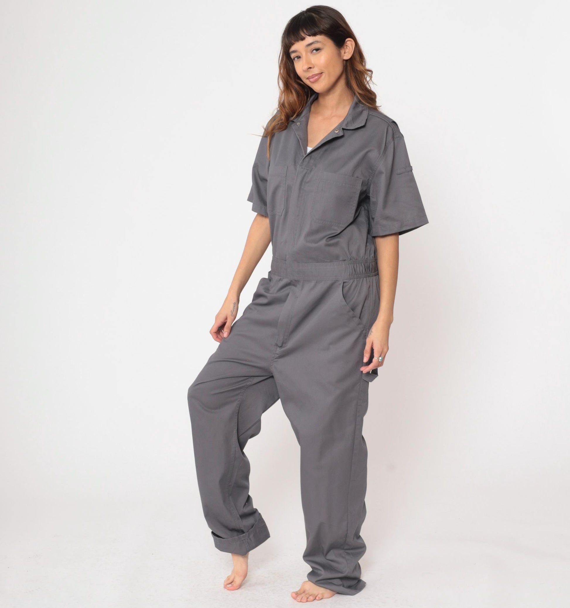 Y2K CQR Grey Utility Coveralls Short Sleeve Cargo Jumpsuit Medium M