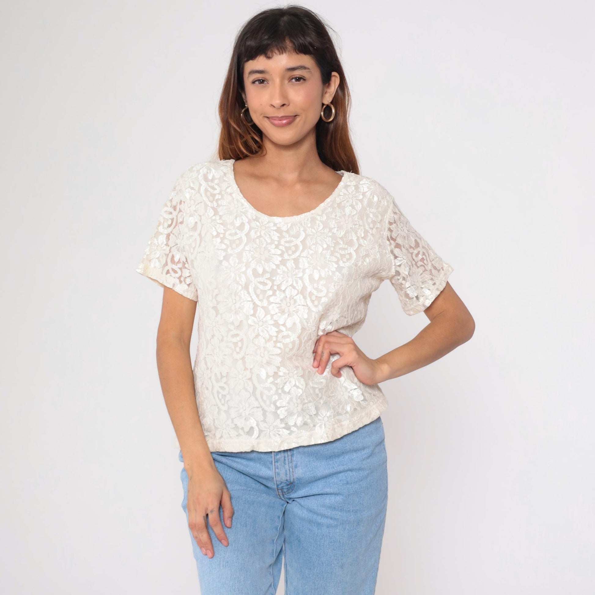 90s Cream Lace Blouse Sheer Sleeve Scoop Neck Party Top Large L