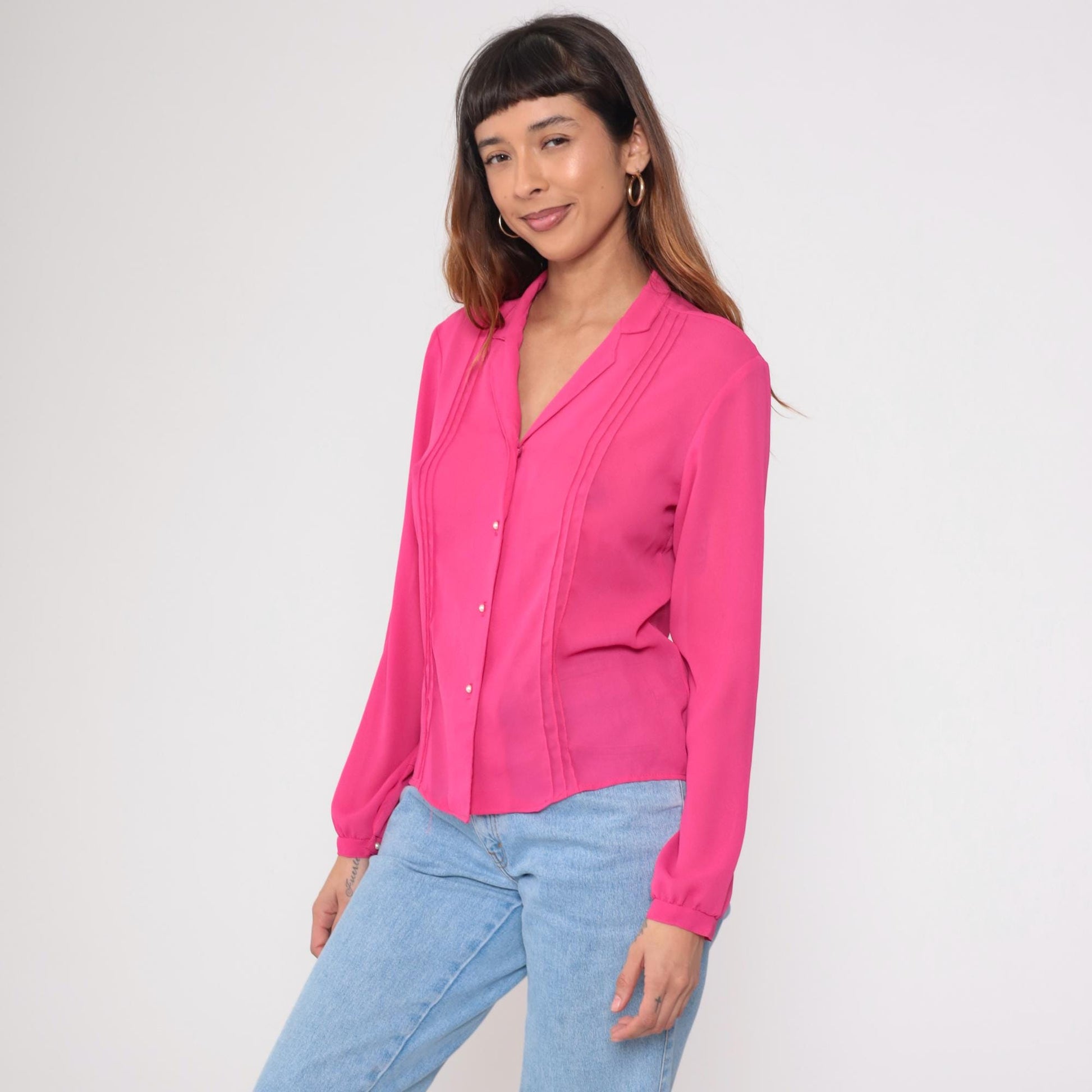 80s Fuchsia Pink Pleated Button-Up Blouse Pearl Buttons Long Sleeve Medium M