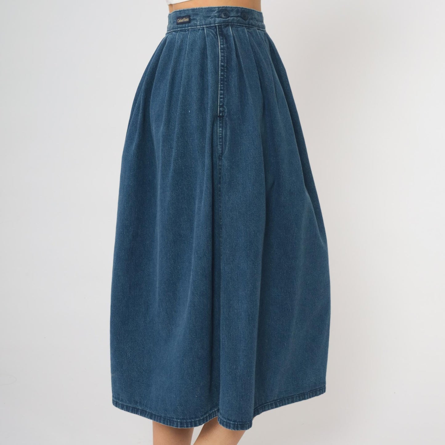 80s Calvin Klein Medium Blue Denim Midi Skirt High Waisted Pleated A-Line Small