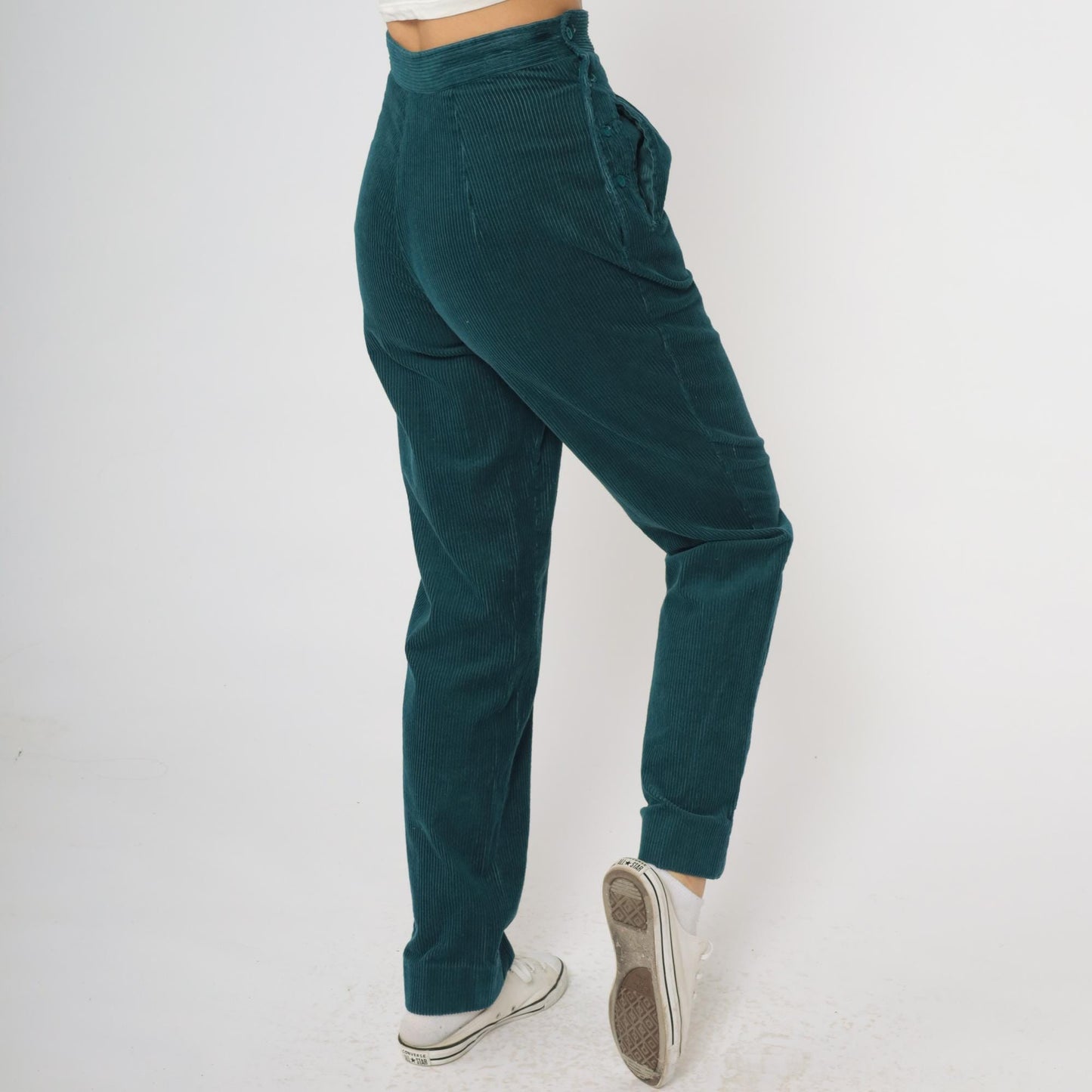 80s Emerald Green Corduroy High-Waisted Tapered Pants Button Fly XS