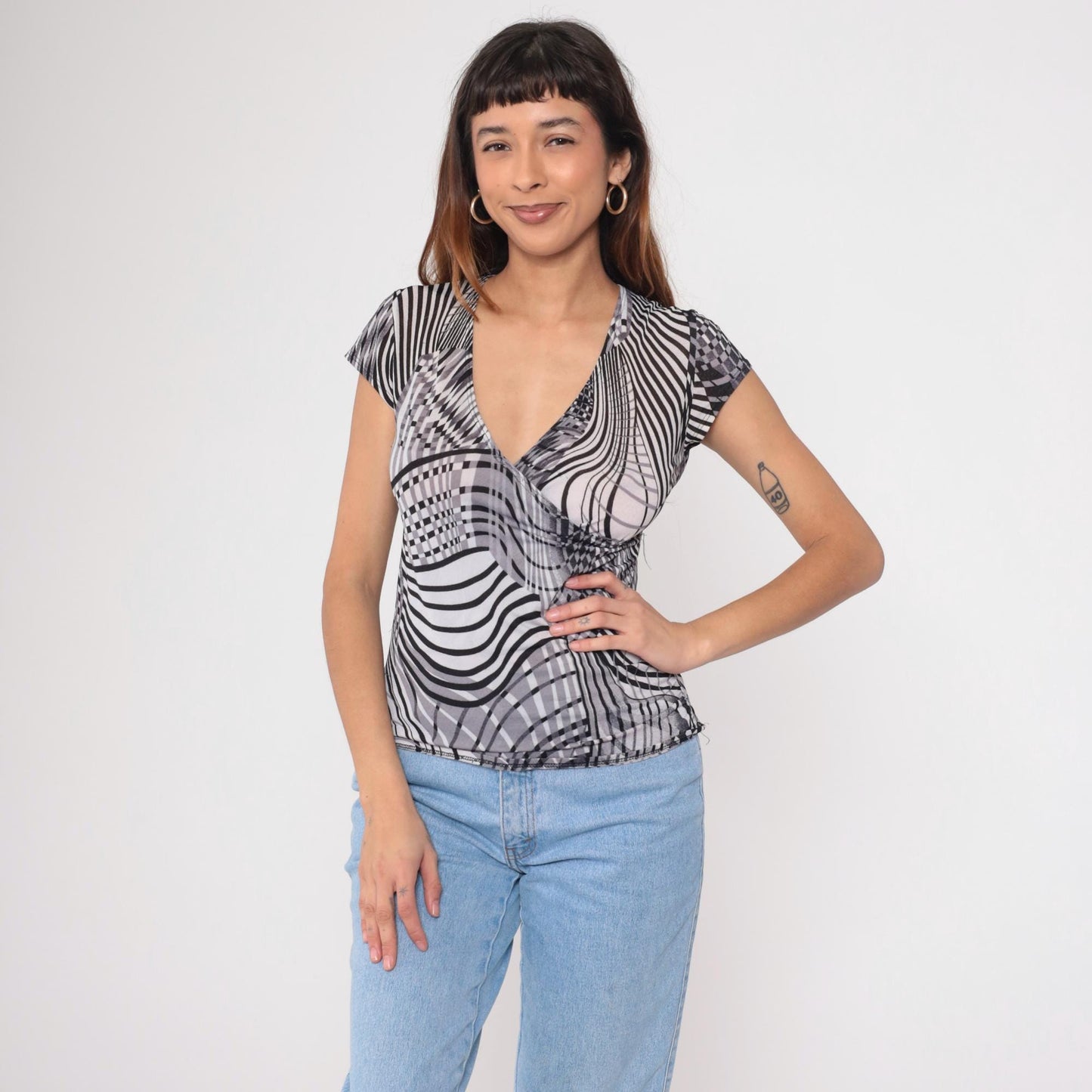 Y2K Op Art Striped Faux Wrap Top Deep V Neck Black Grey White Large L