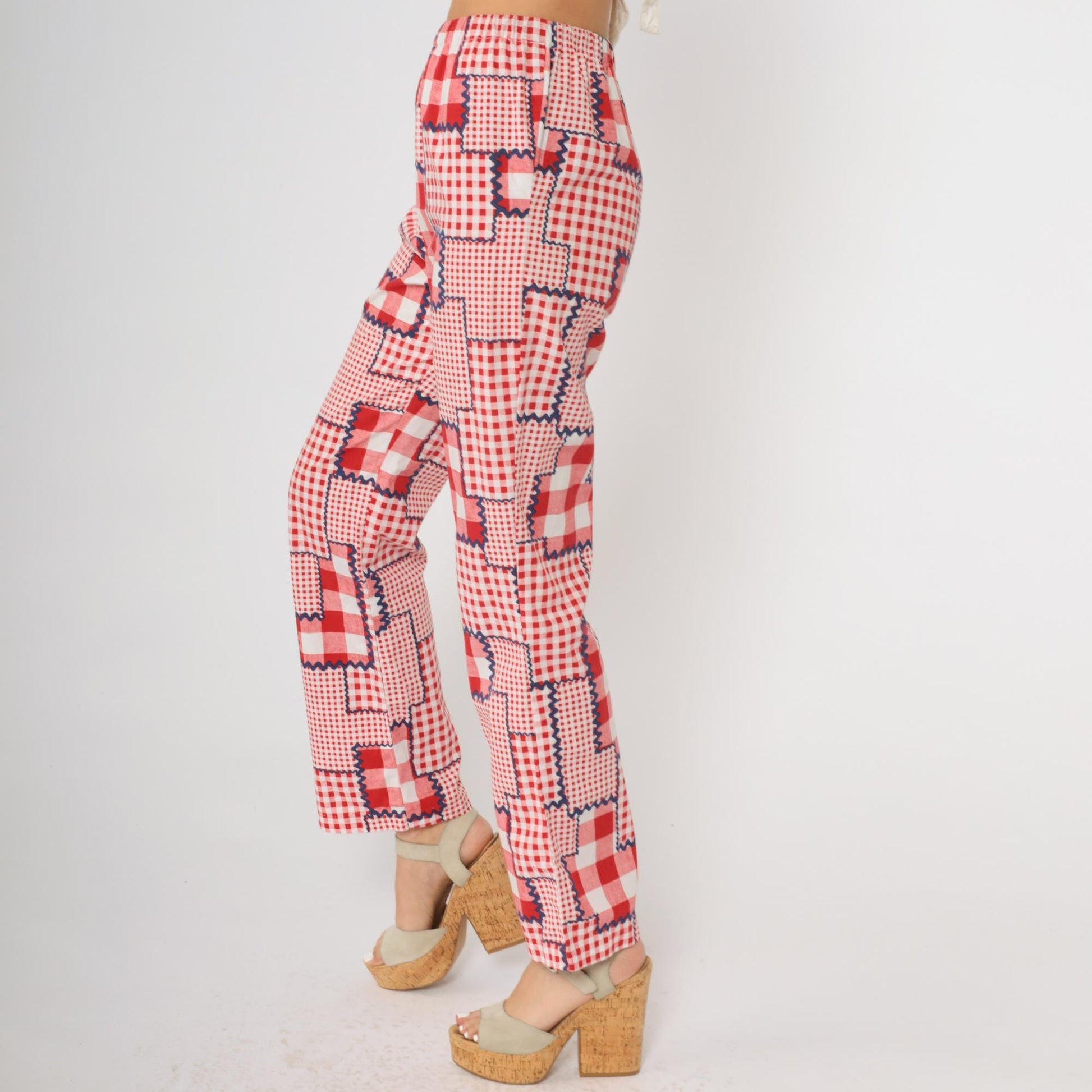70s Patchwork Pants Red Gingham Check High Rise Wide Leg Cotton Extra Small XS