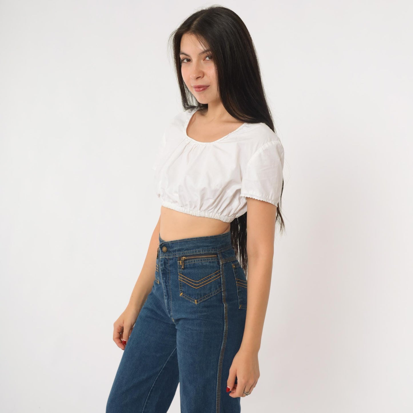 90s White Peasant Crop Top Milkmaid Scoop Neck Blouse Extra Small