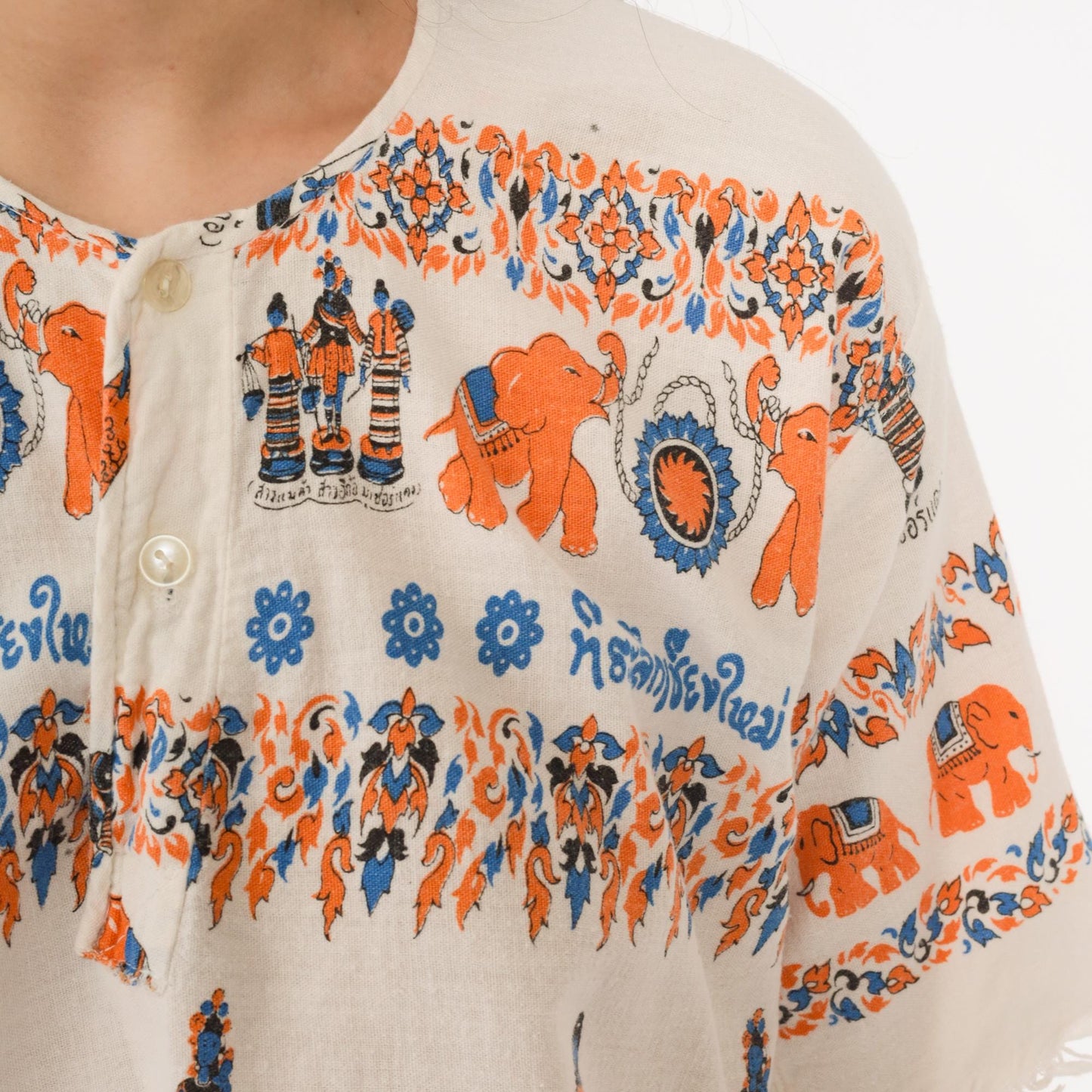 Y2K Thailand Souvenir Shirt White Cotton Elephant Print Fringe Small