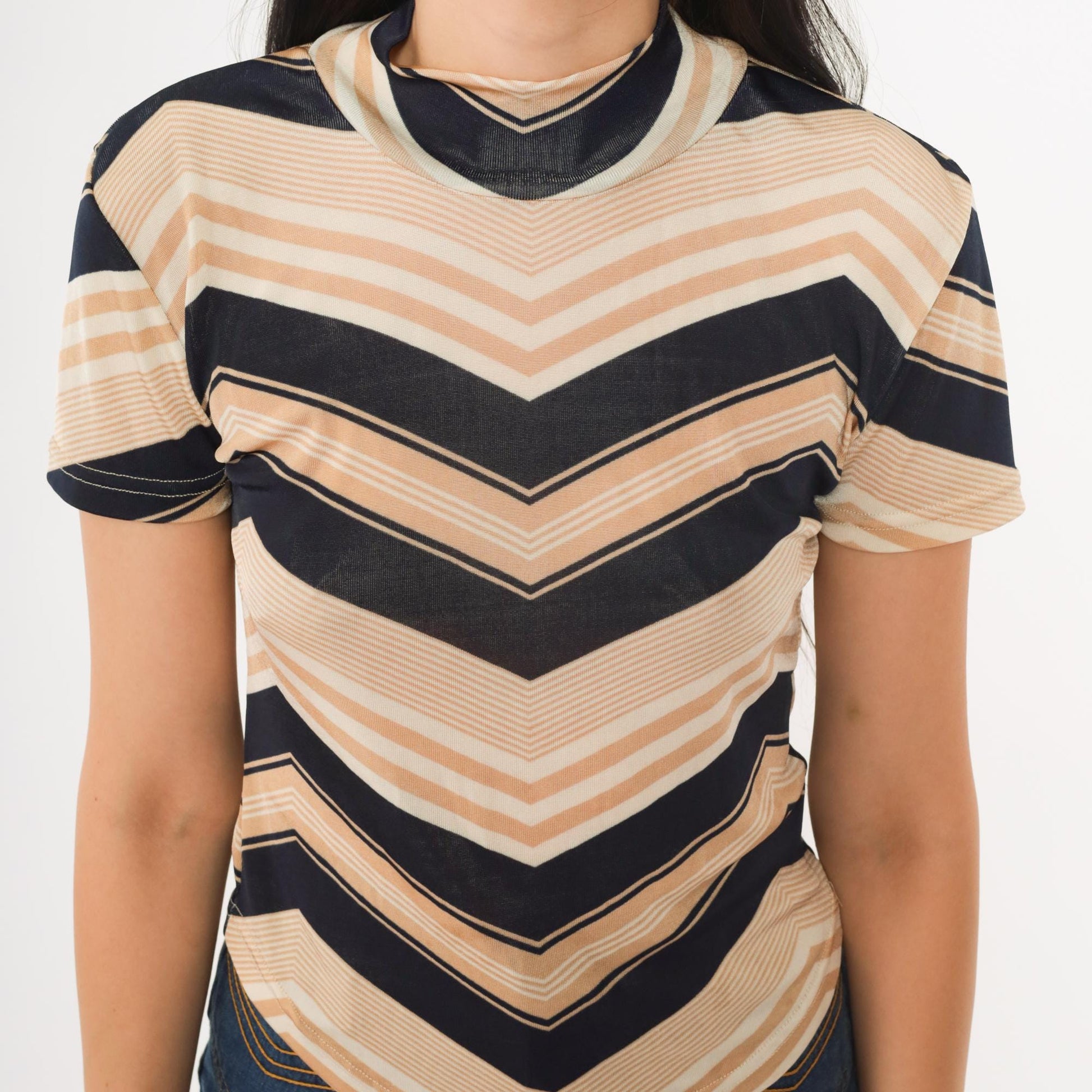 90s Chevron Striped Mock Neck Tee Tan Navy Small S