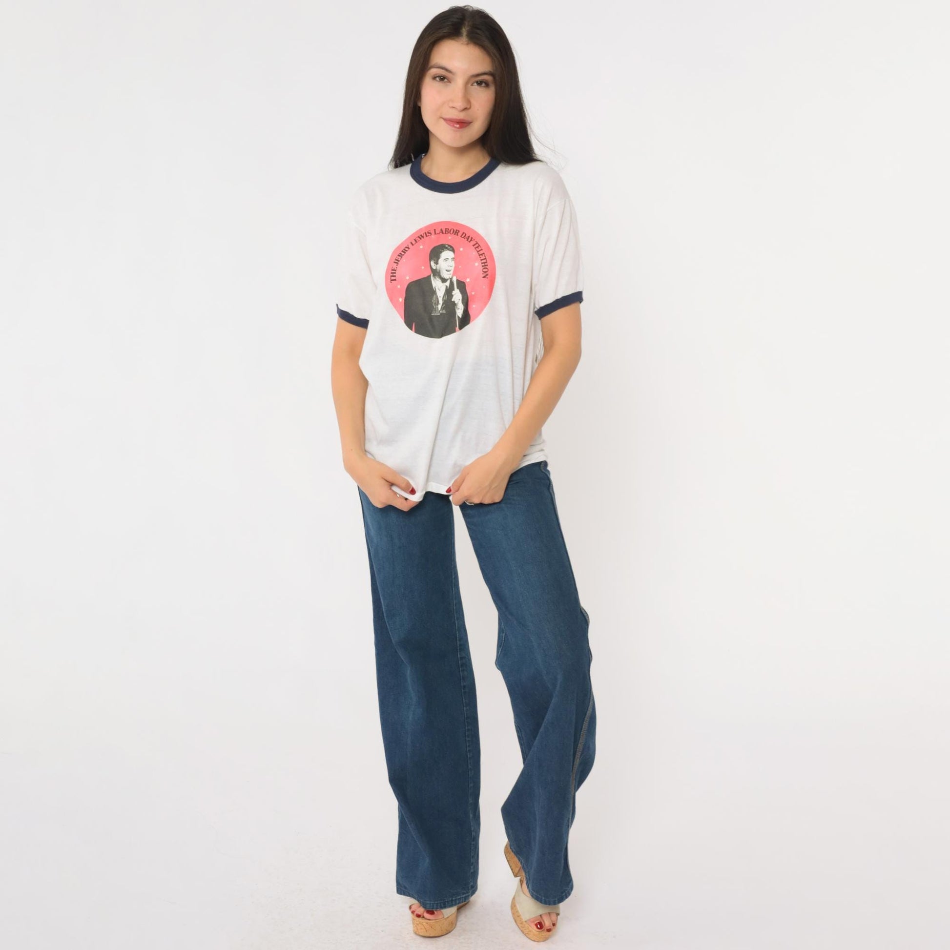 80s Jerry Lewis Labor Day Telethon Ringer T-Shirt White Navy Graphic Medium