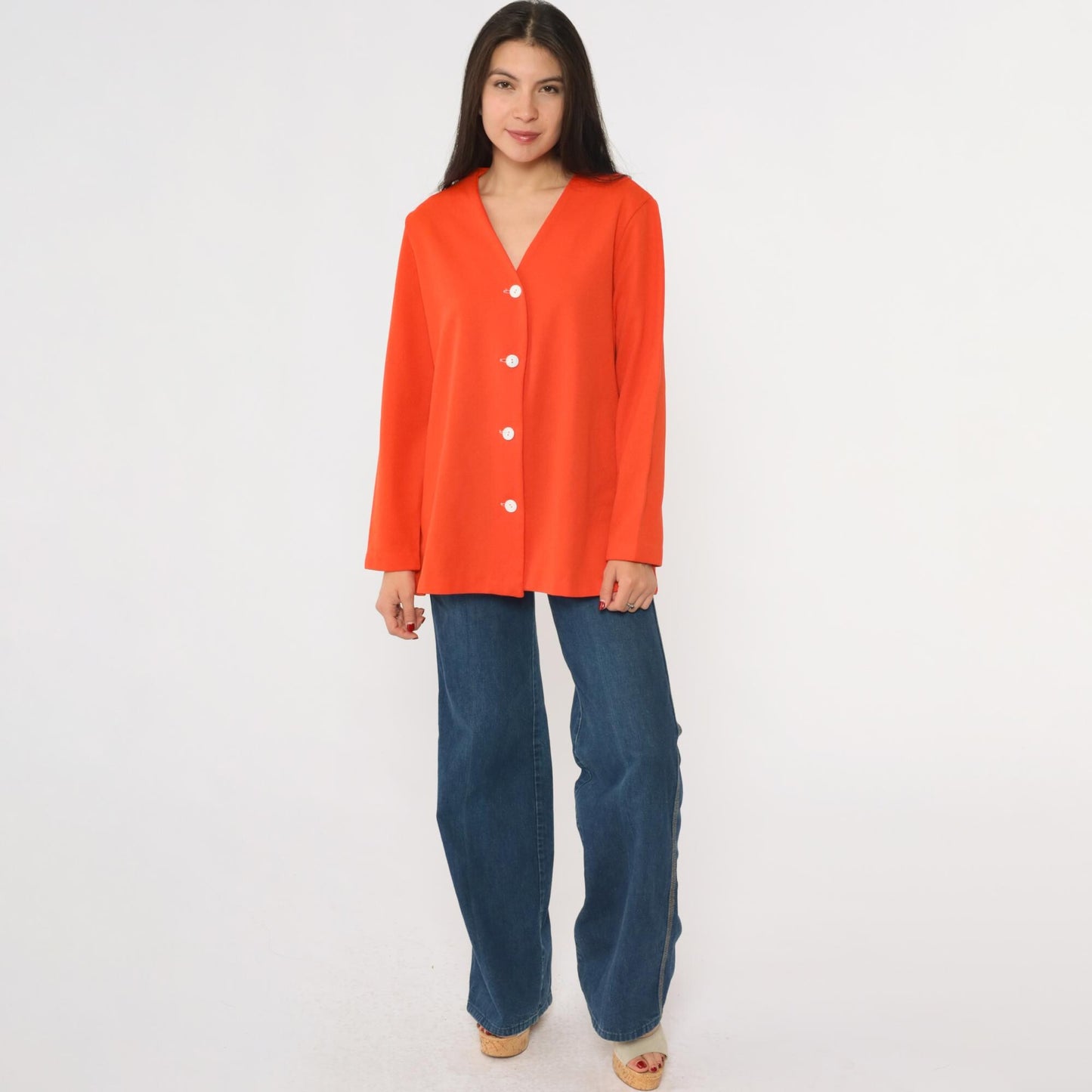70s Orange V-Neck Button-Up Blouse Long Sleeve Polyester Shirt Medium