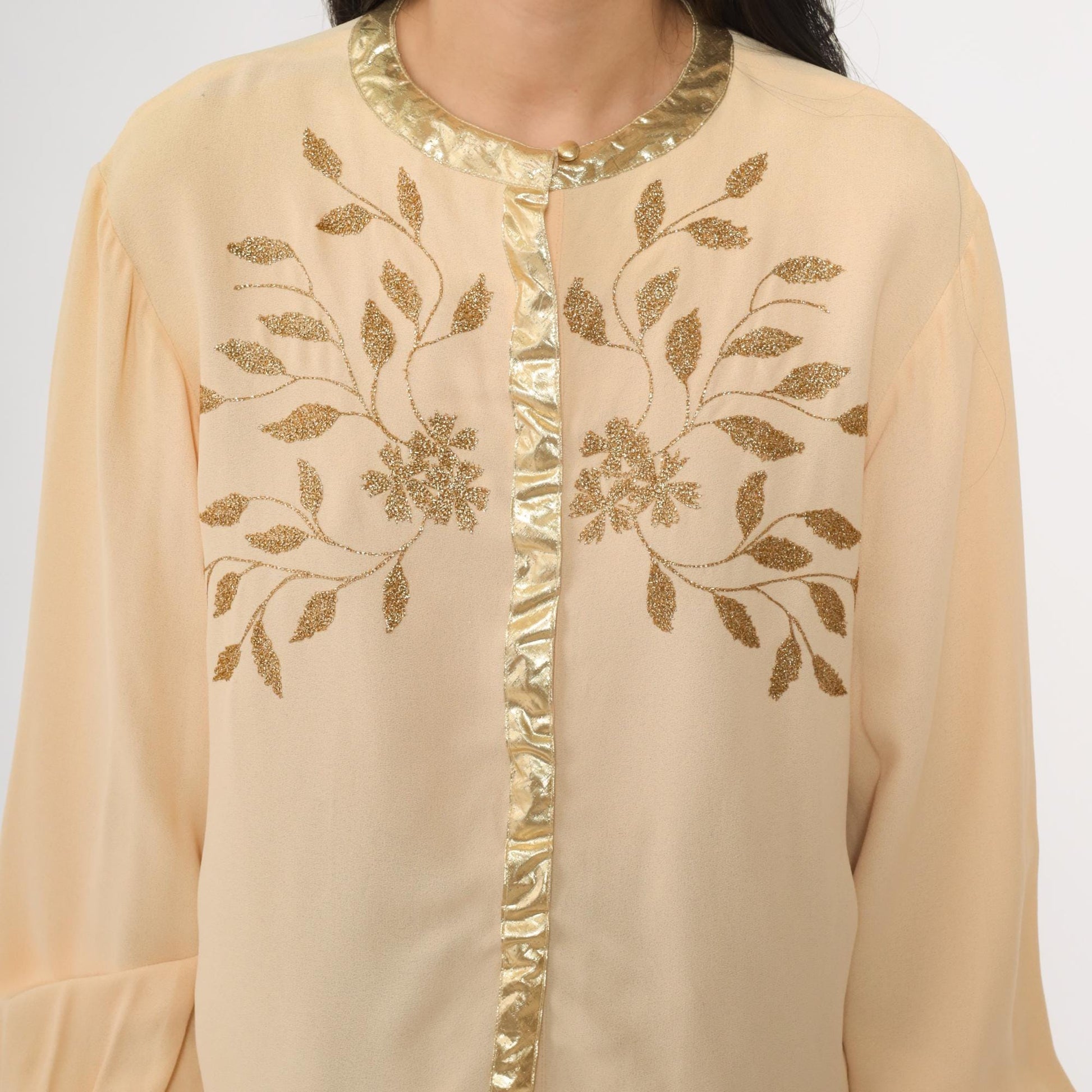70s Frank Masandrea Peach Crepe Blouse Gold Embroidered Floral Small