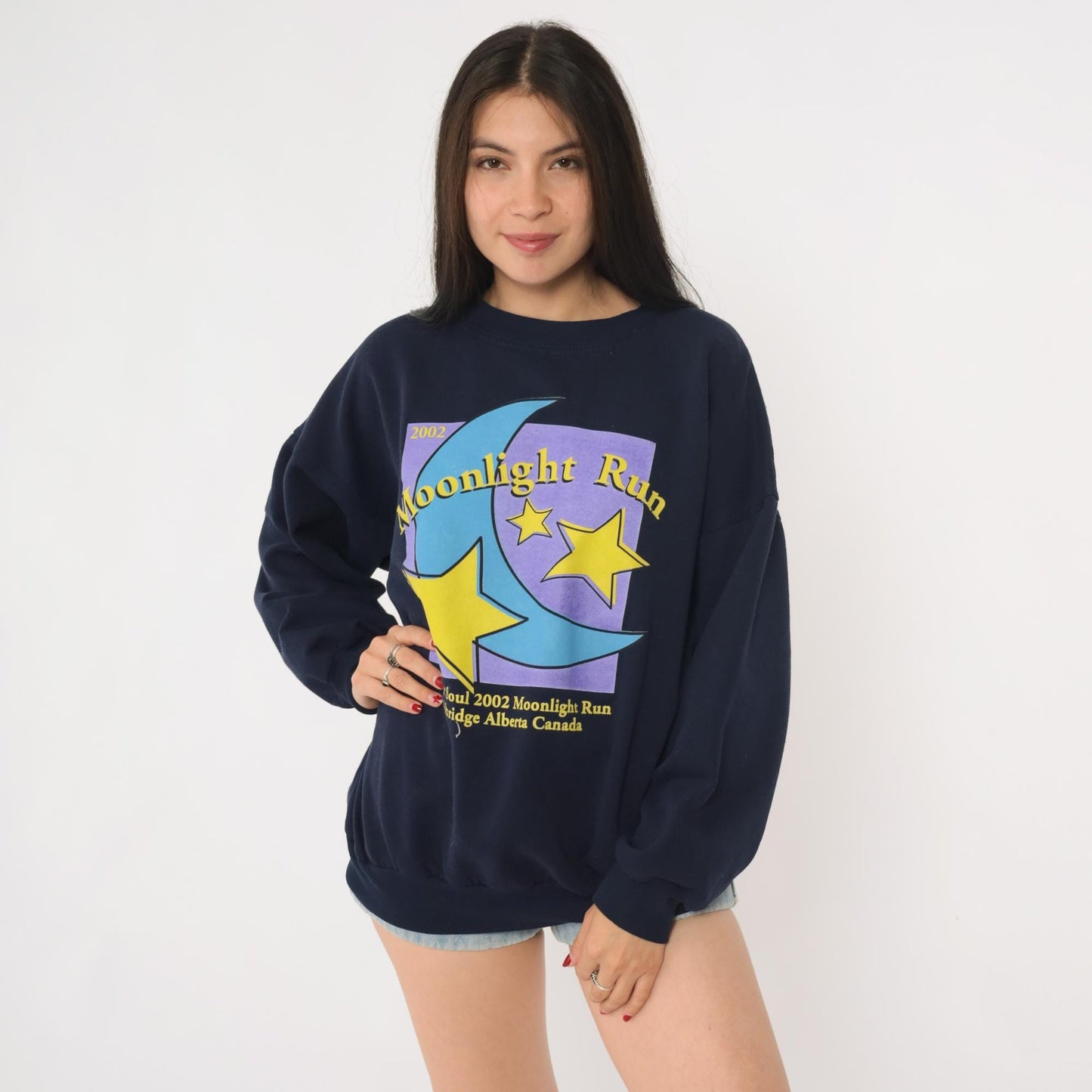 2002 Moonlight Run Lethbridge Alberta Sweatshirt Navy Celestial Graphic Medium