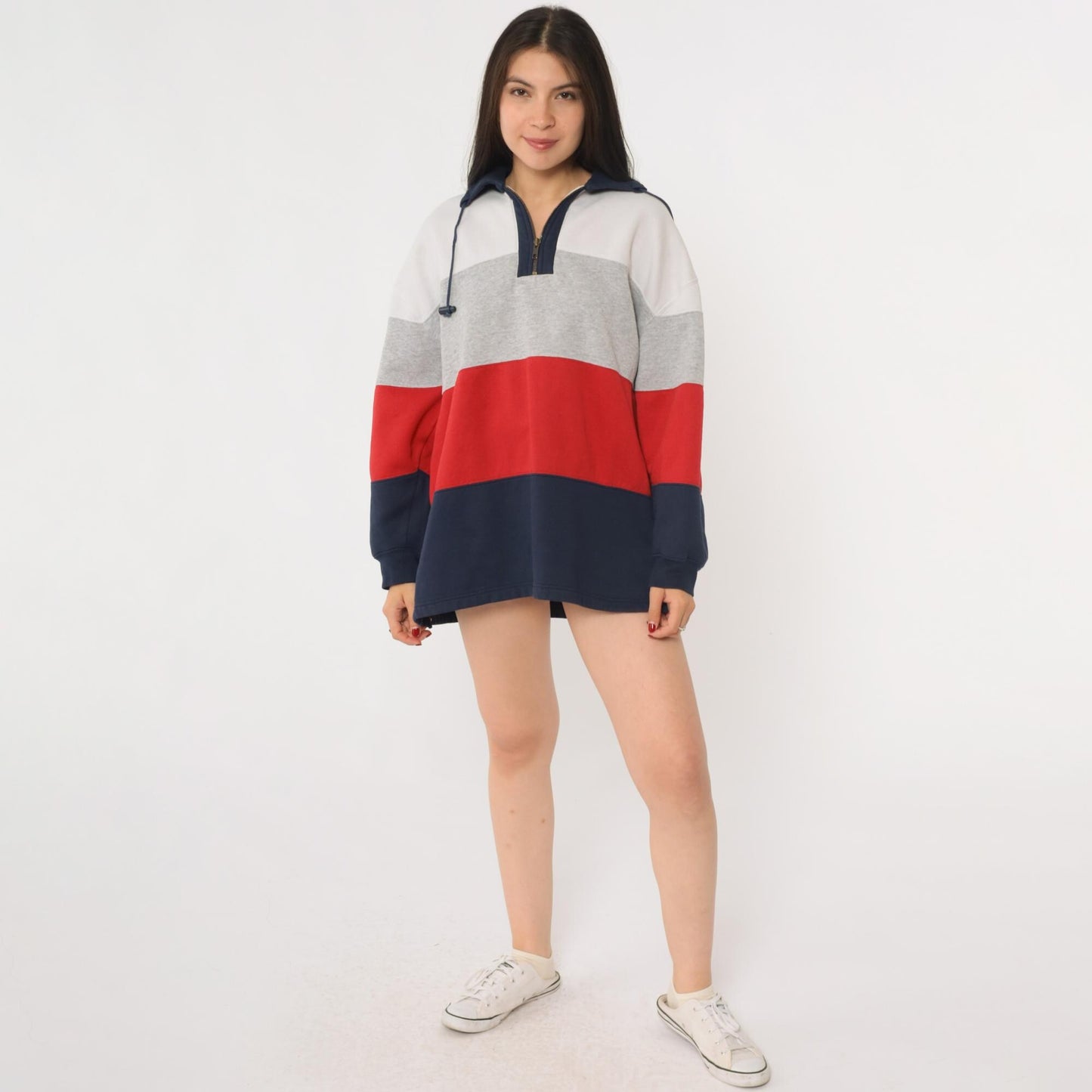 90s Color Block Quarter Zip Sweatshirt Grey Navy Red Striped Large L