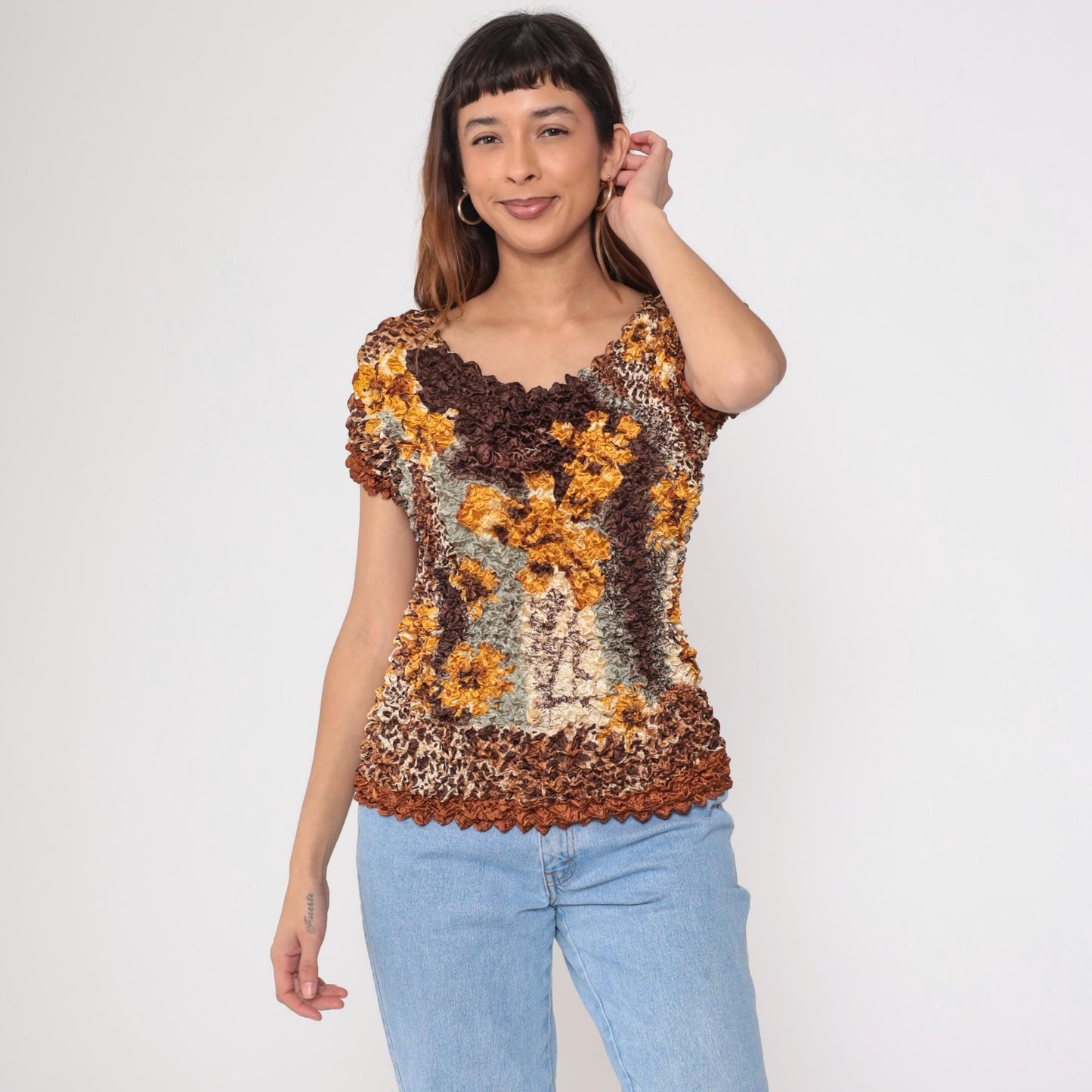 Y2K Popcorn Blouse Floral Leopard Print Brown Textured Short Sleeve Small Medium