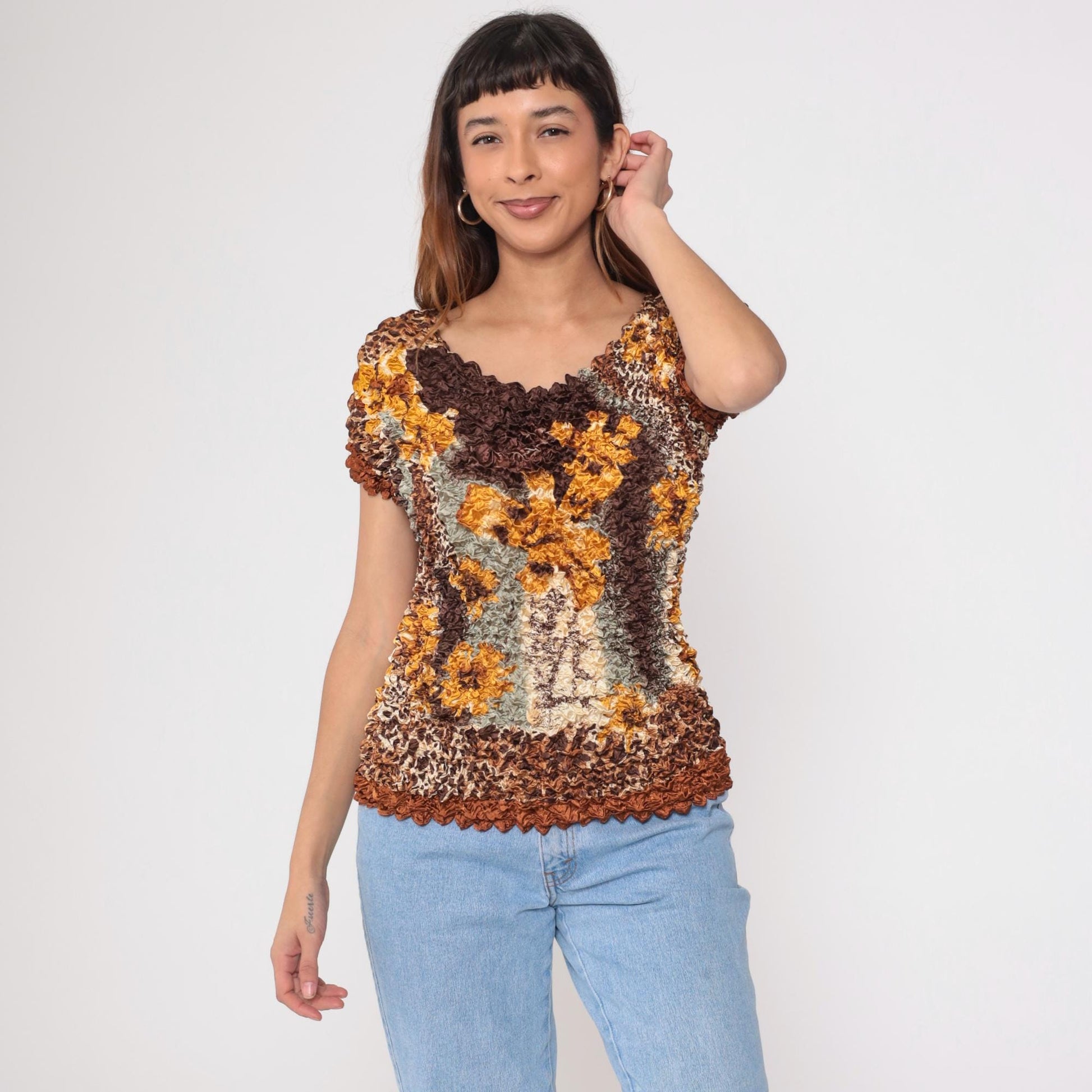 Y2K Popcorn Blouse Floral Leopard Print Brown Textured Short Sleeve Small Medium