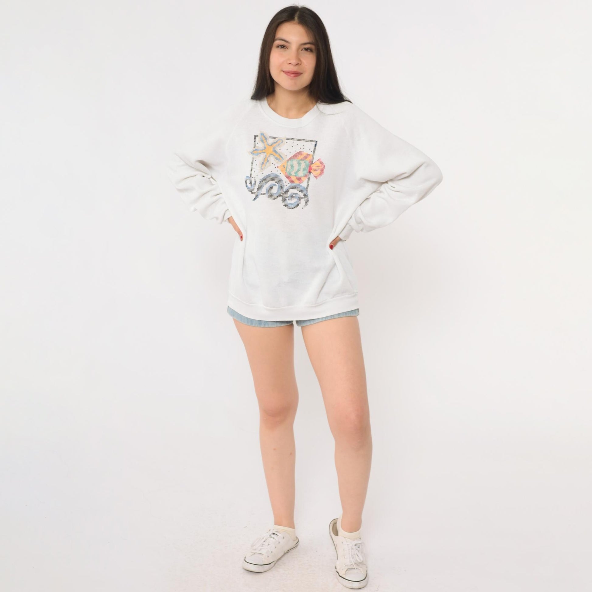 90s Jerzees Fish Starfish Sweatshirt White Raglan Graphic Crewneck Large