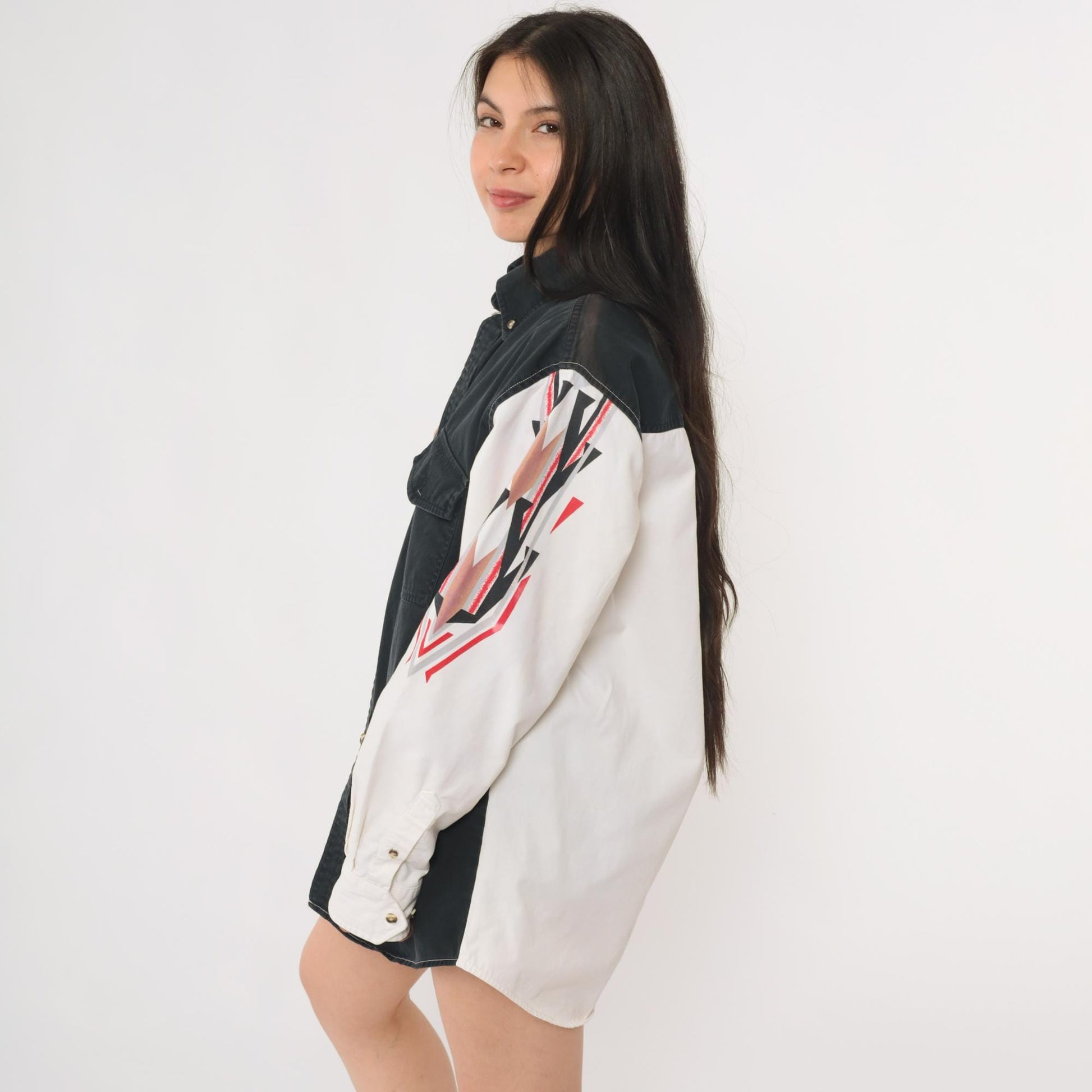 90s Southwestern Color Block Western Button Up Shirt Black White Extra Large
