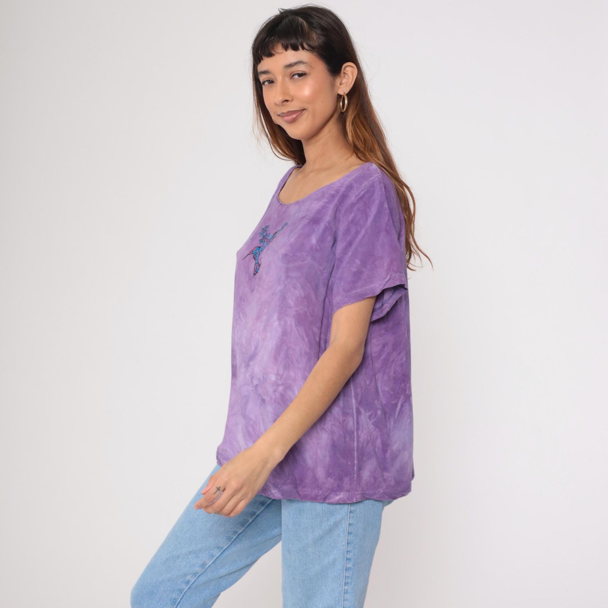 Y2K Purple Tie Dye Rayon Blouse Hummingbird Print Short Sleeve Large