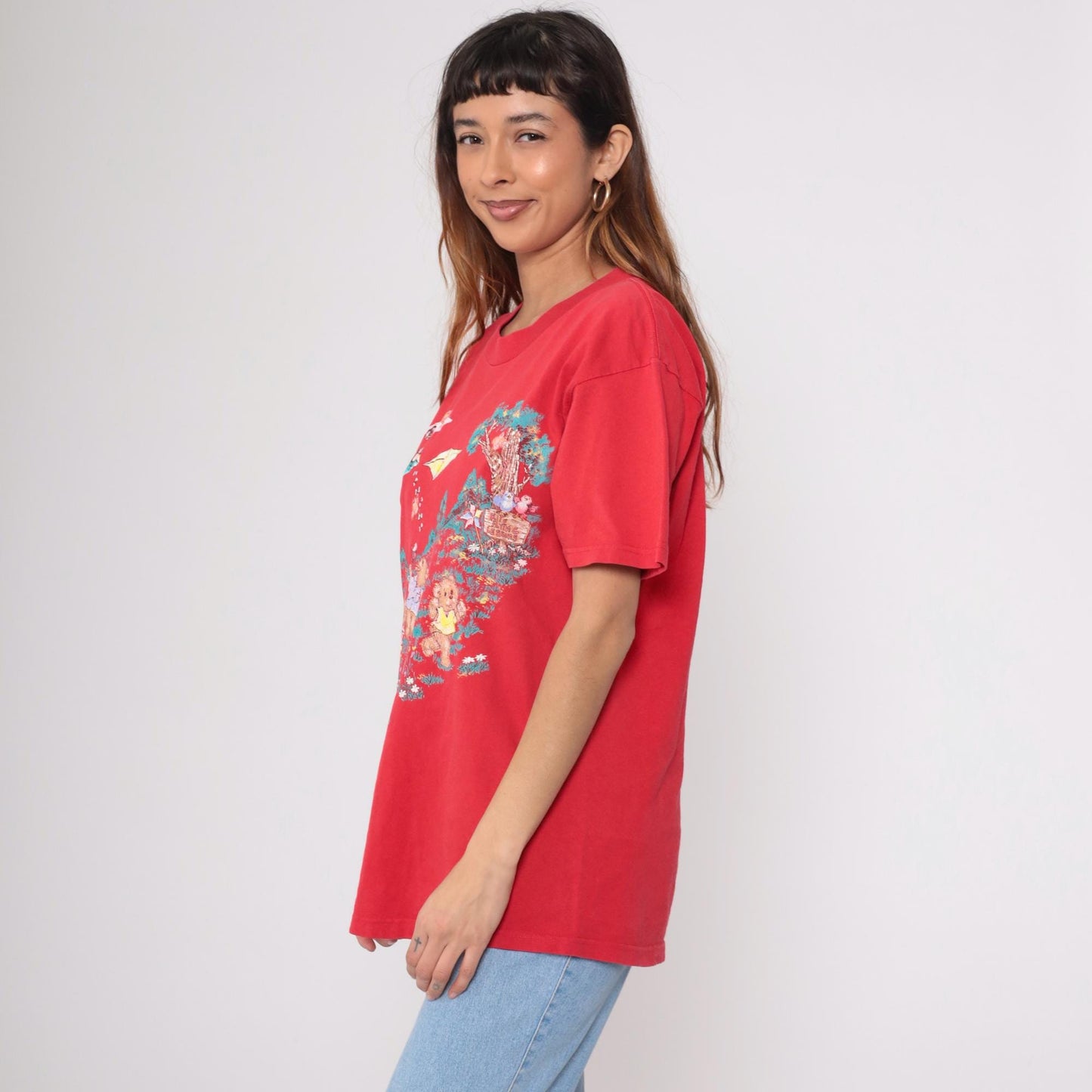 90s Teddy Bear Kite Graphic T-Shirt Red Crewneck Tee Large L