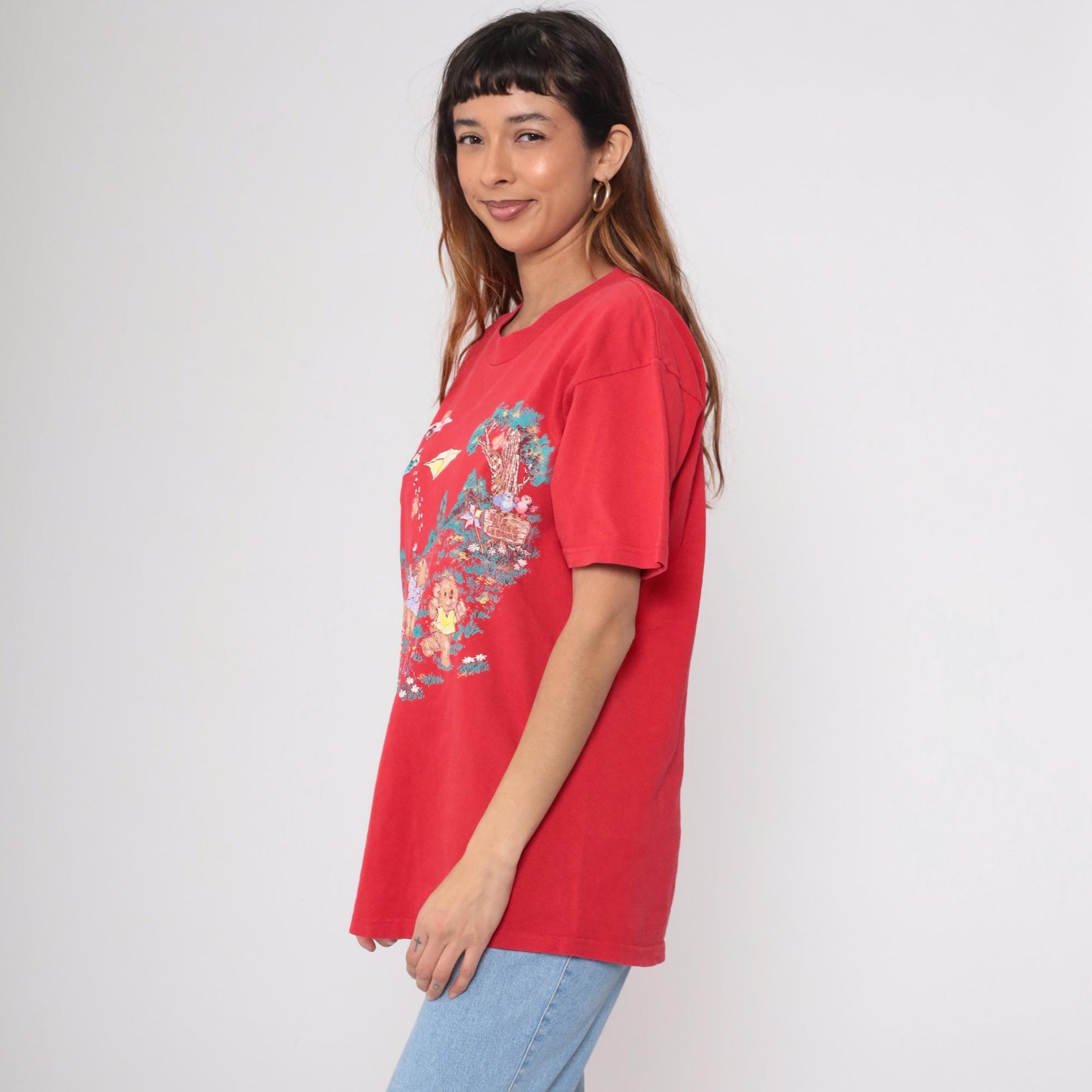 90s Teddy Bear Kite Graphic T-Shirt Red Crewneck Tee Large L