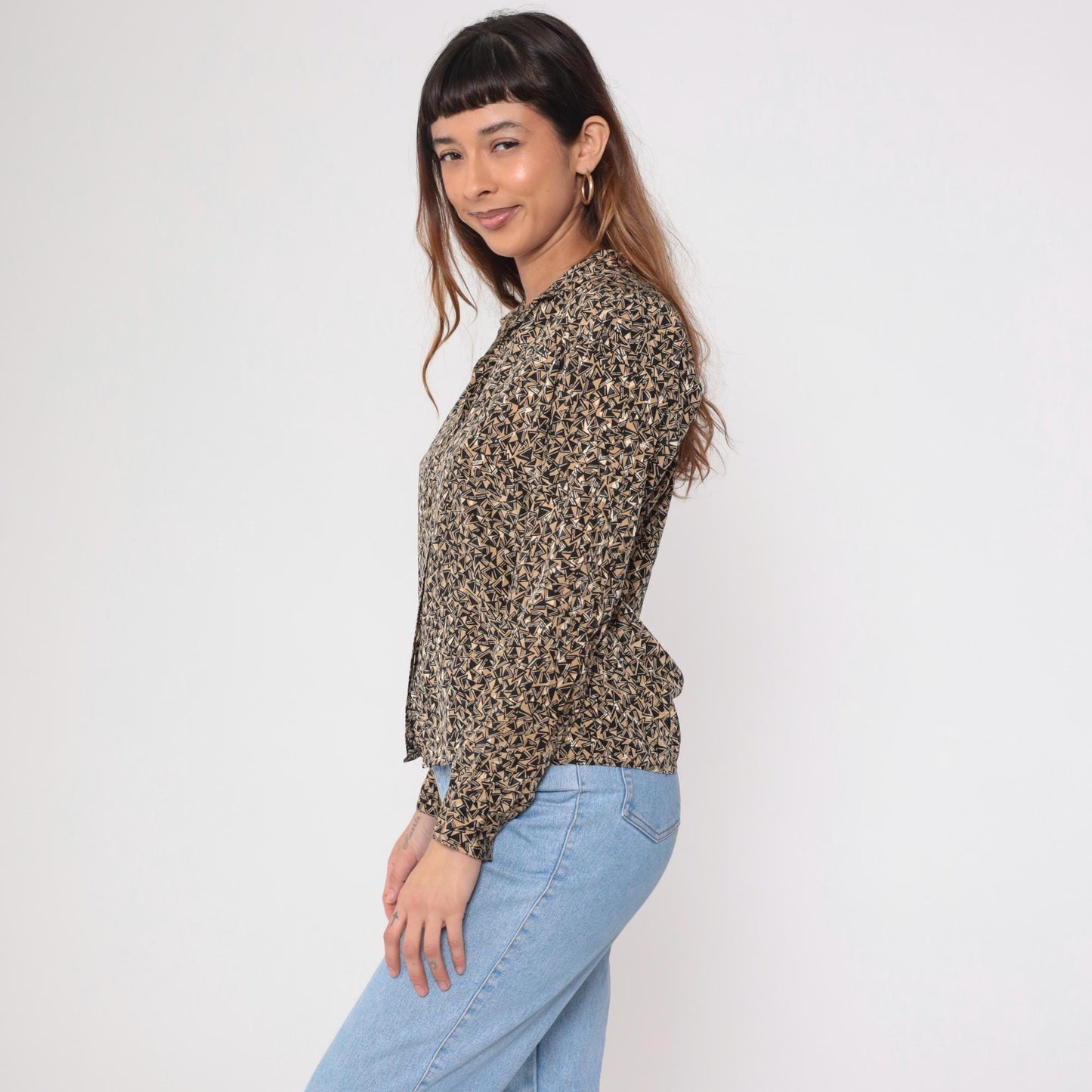 80s Geometric Jacquard Button Up Blouse Tan Black Puff Sleeve Small