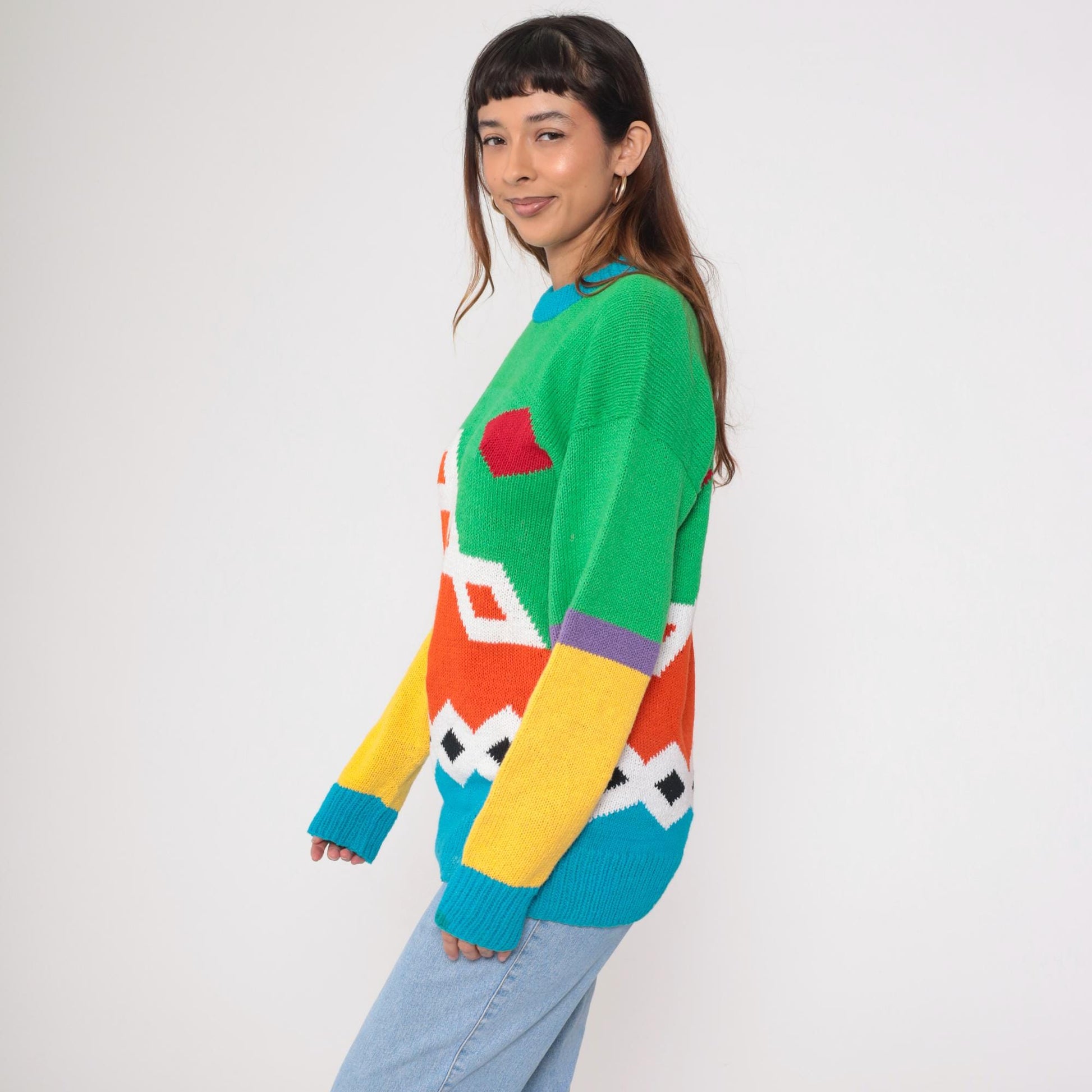 80s Geometric Color Block Knit Sweater Cotton Crewneck Orange Green Blue Large