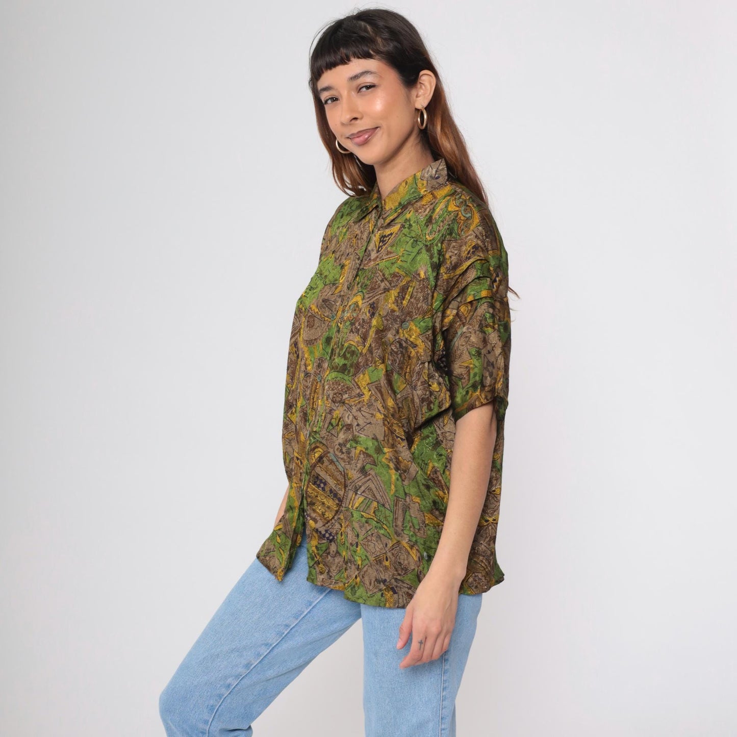 90s Geometric Button Up Shirt Brown Green Yellow Tropical Print Extra Large XL