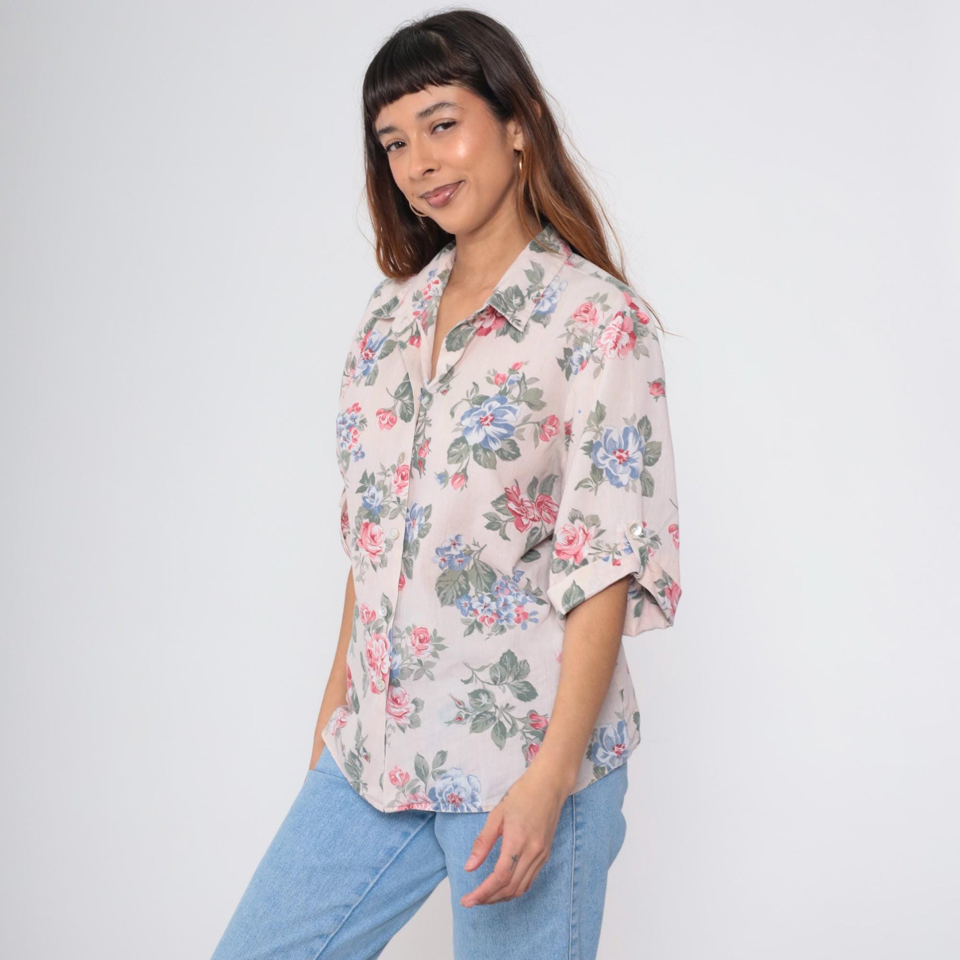 90s Beige Floral Button-Up Blouse Roll Tab Sleeve Flower Print Extra Large XL
