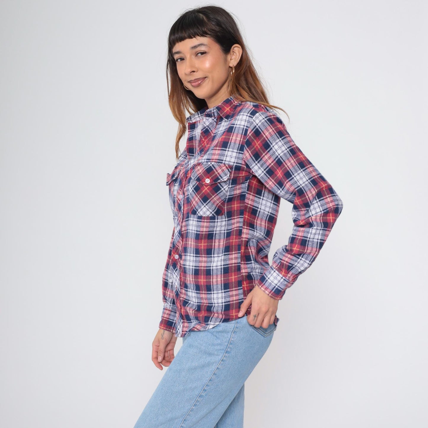 80s Red White Blue Plaid Flannel Button-Up Shirt Small S