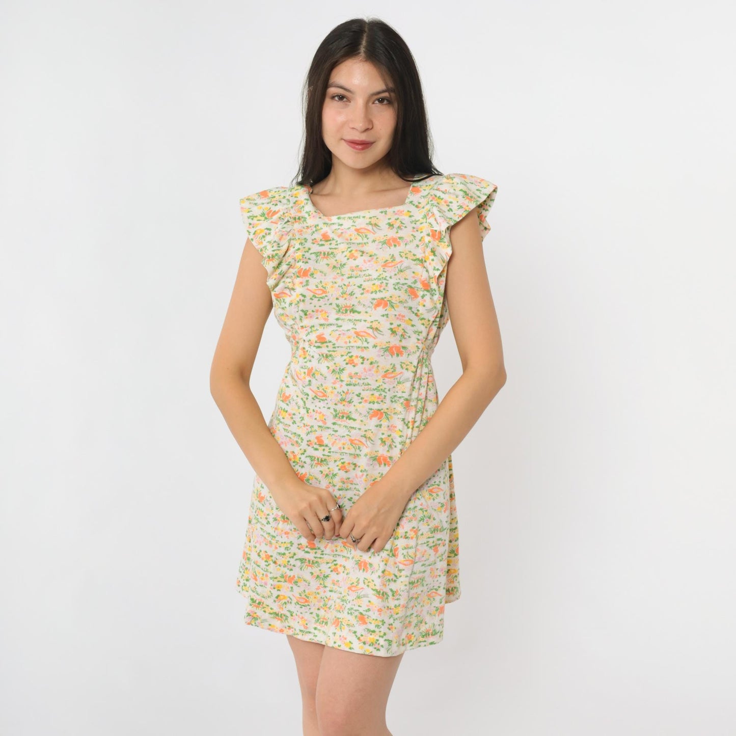 70s Animal Print Mini Shift Dress Novelty Rabbits Squirrels Birds White Medium