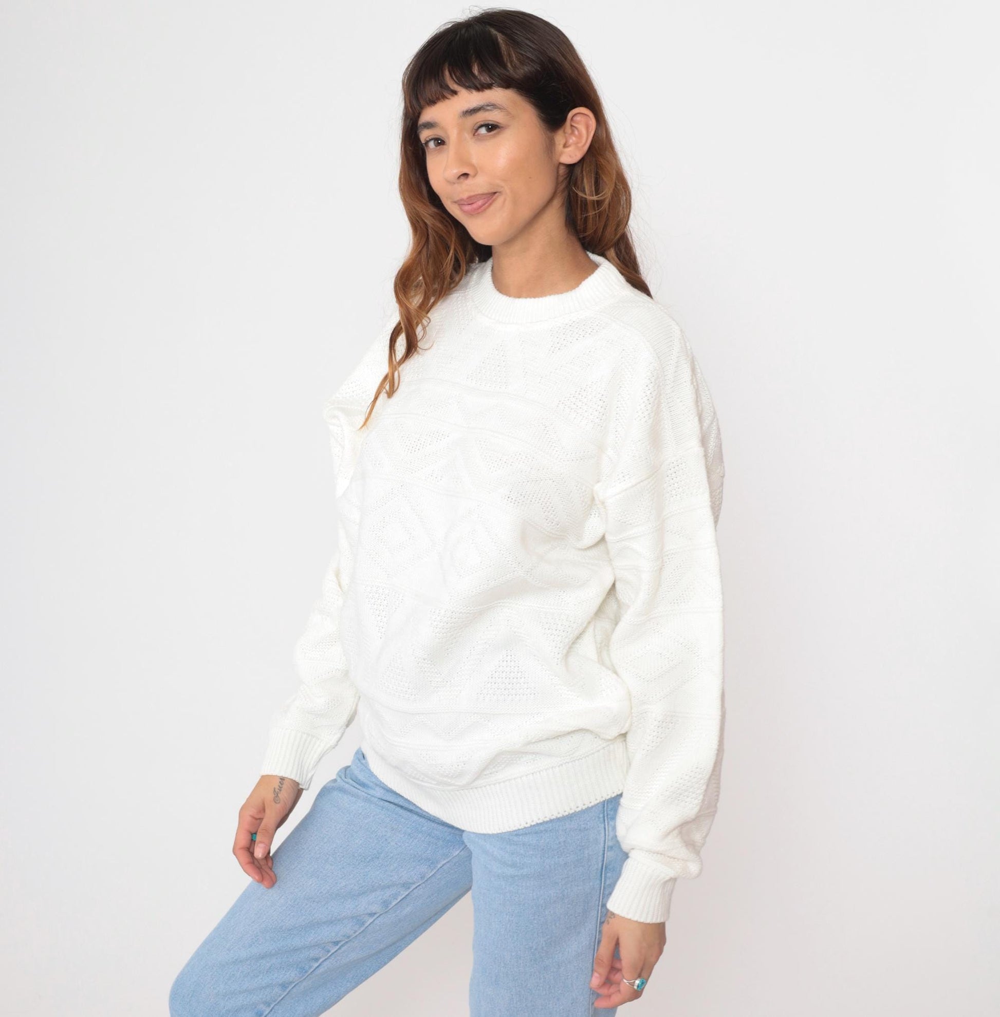 80s Club International Cable Knit Sweater White Crew Neck Medium M