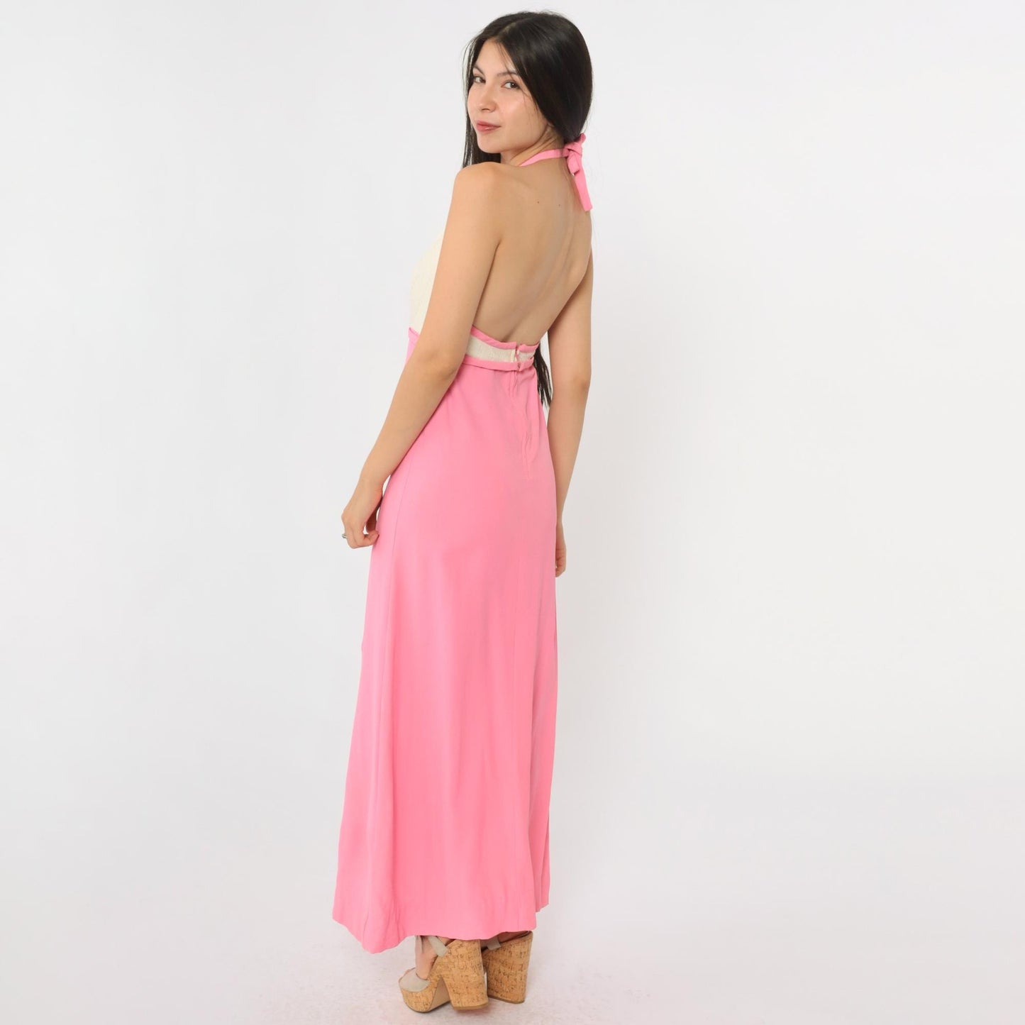 70s Lanz Original Pink Halter Maxi Dress Pointelle Knit Open Back Extra Small