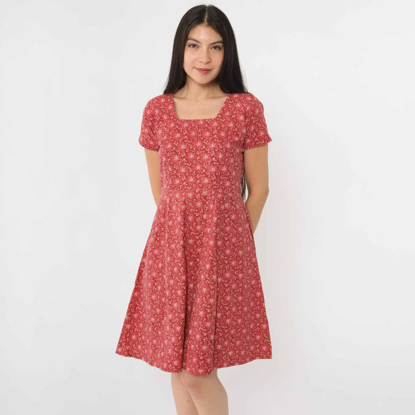 90s Red Floral Mini Dress High Waist Square Neck Short Sleeve Medium