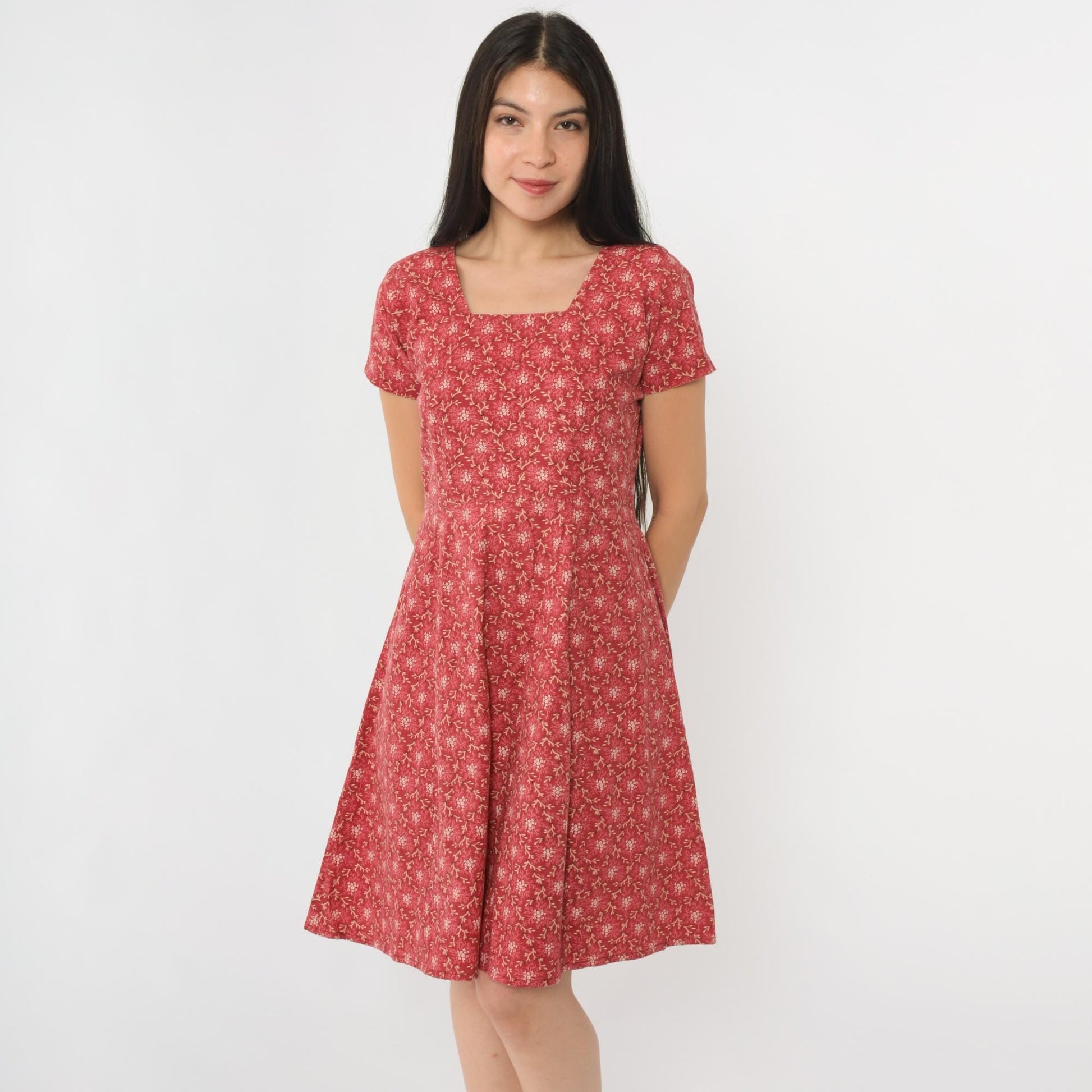 90s Red Floral Mini Dress High Waist Square Neck Short Sleeve Medium
