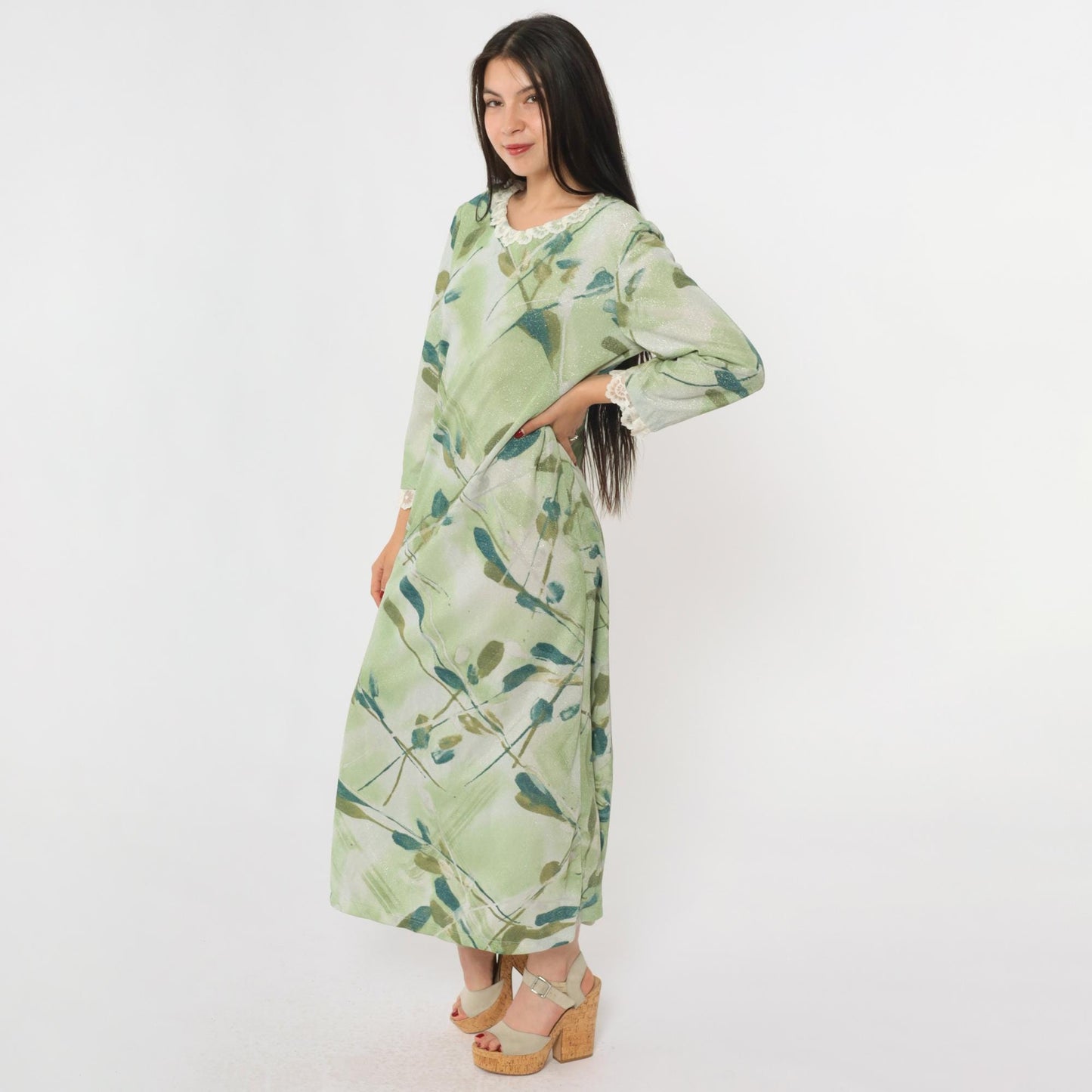 70s Green Metallic Maxi Dress Watercolor Leaf Print Lace Trim Long Sleeve Medium M