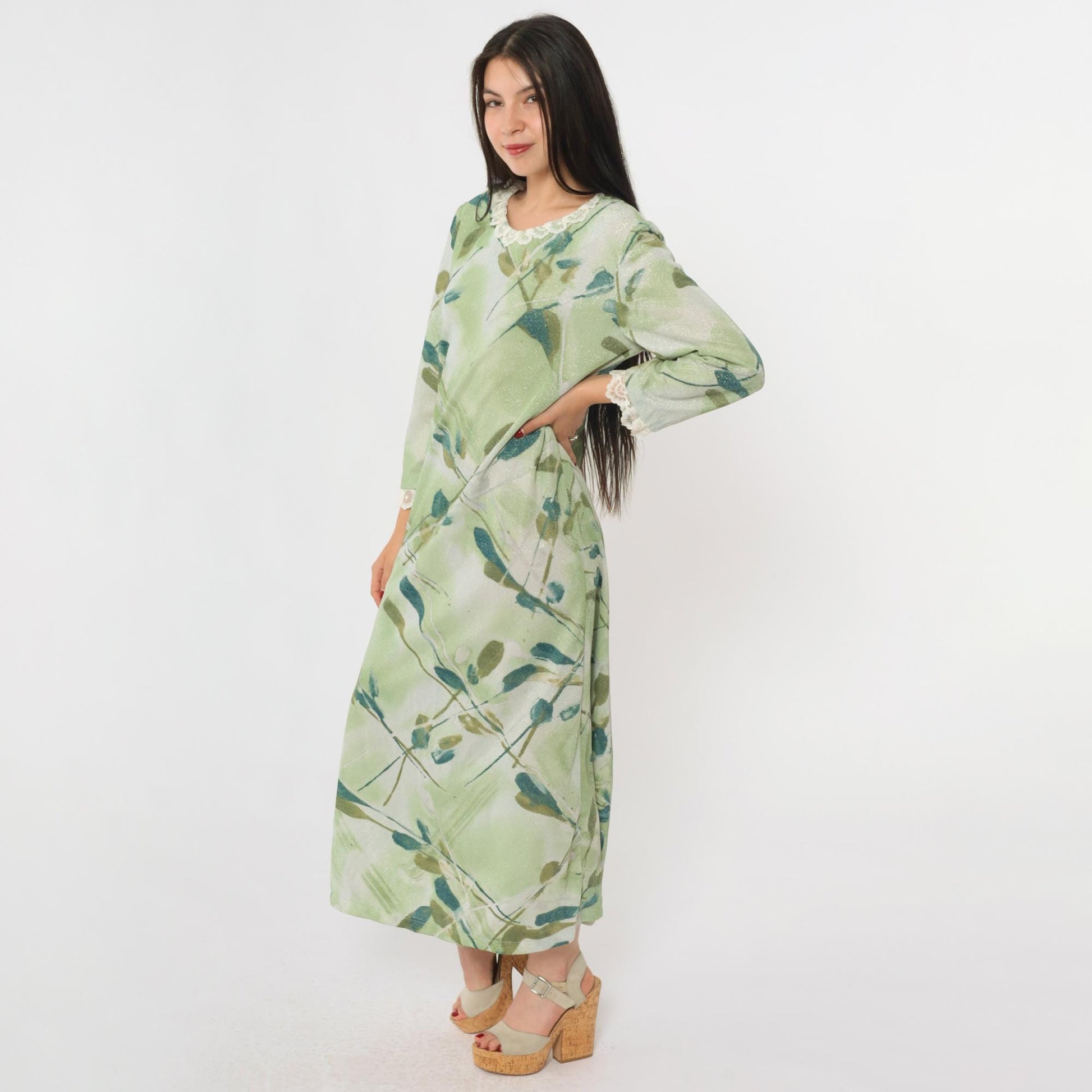 70s Green Metallic Maxi Dress Watercolor Leaf Print Lace Trim Long Sleeve Medium M