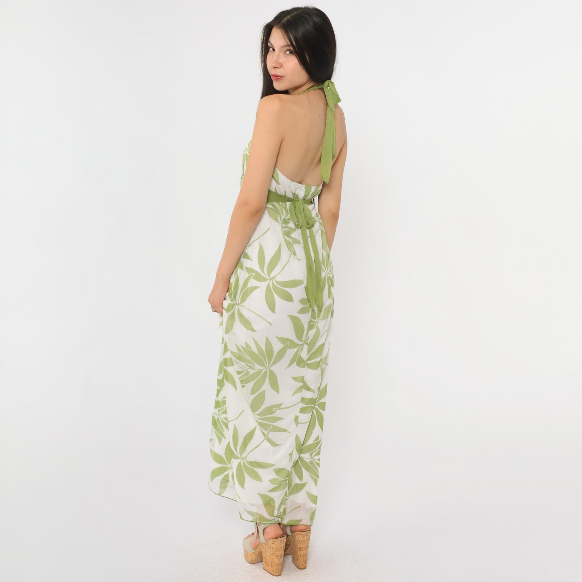 Y2K White Floral Halter Maxi Dress Green Print Empire Waist Medium