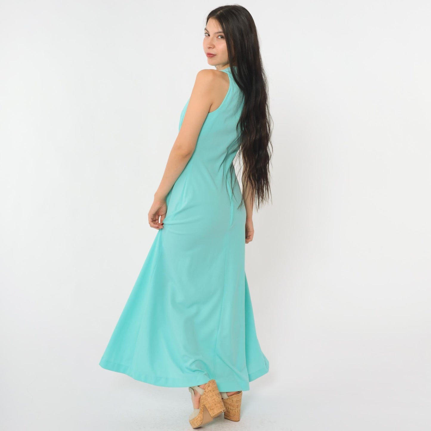 70s Aqua Maxi Dress Deep V Neck Sleeveless High Waist Small S