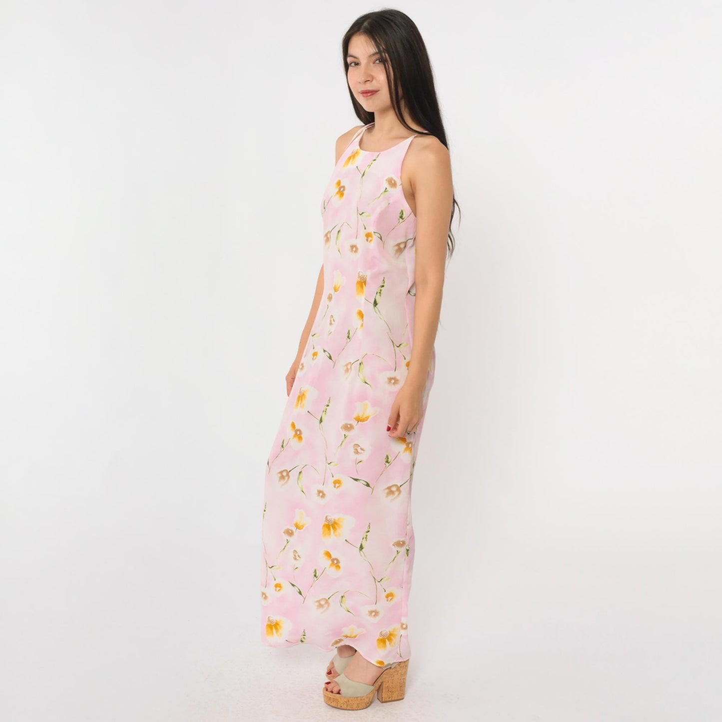 90s Pink Floral Maxi Dress Spaghetti Strap Keyhole Back Small Medium