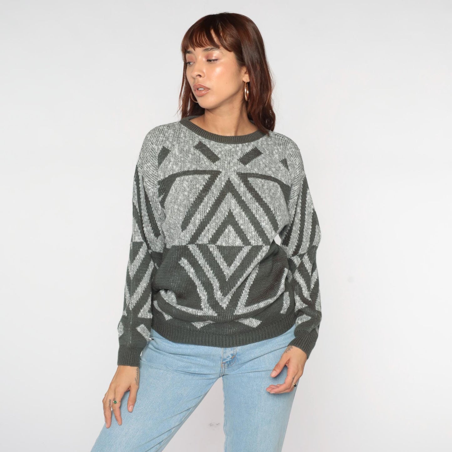 80s Grey Geometric Chevron Pullover Sweater Crewneck Knit Small S