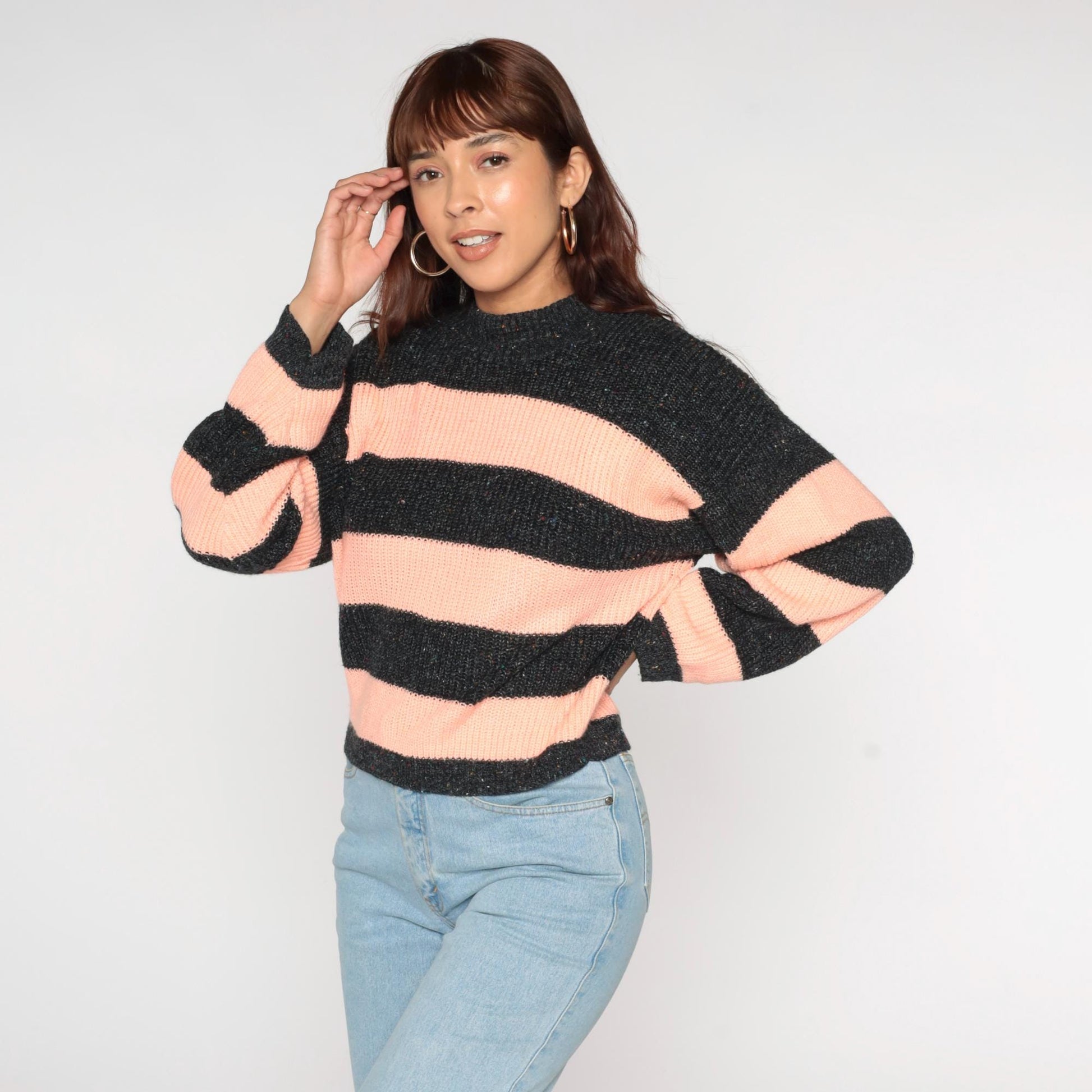 80s Peach Grey Striped Crewneck Knit Sweater Medium M