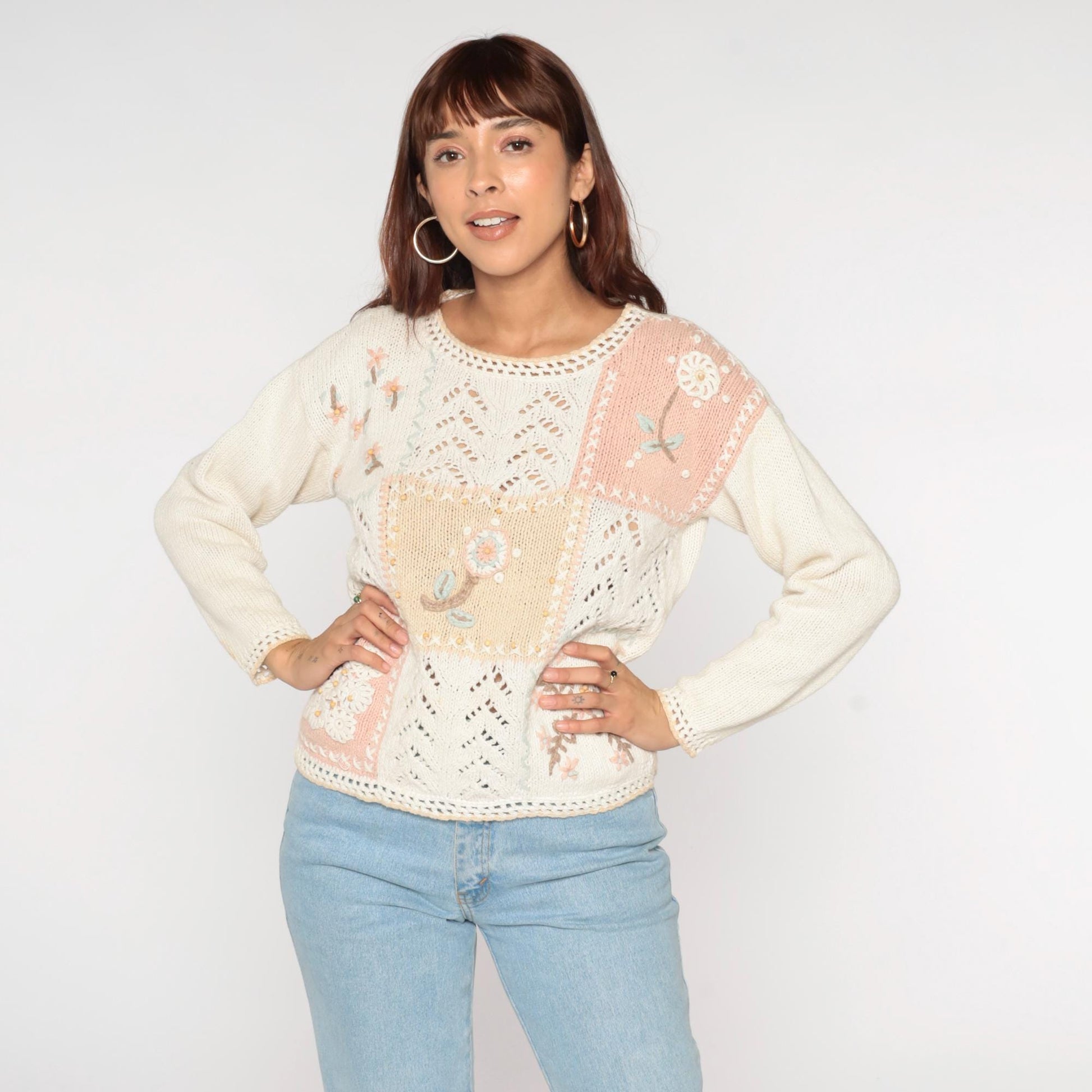 90s Erika Petites Floral Embroidered Openwork Sweater Ecru Small