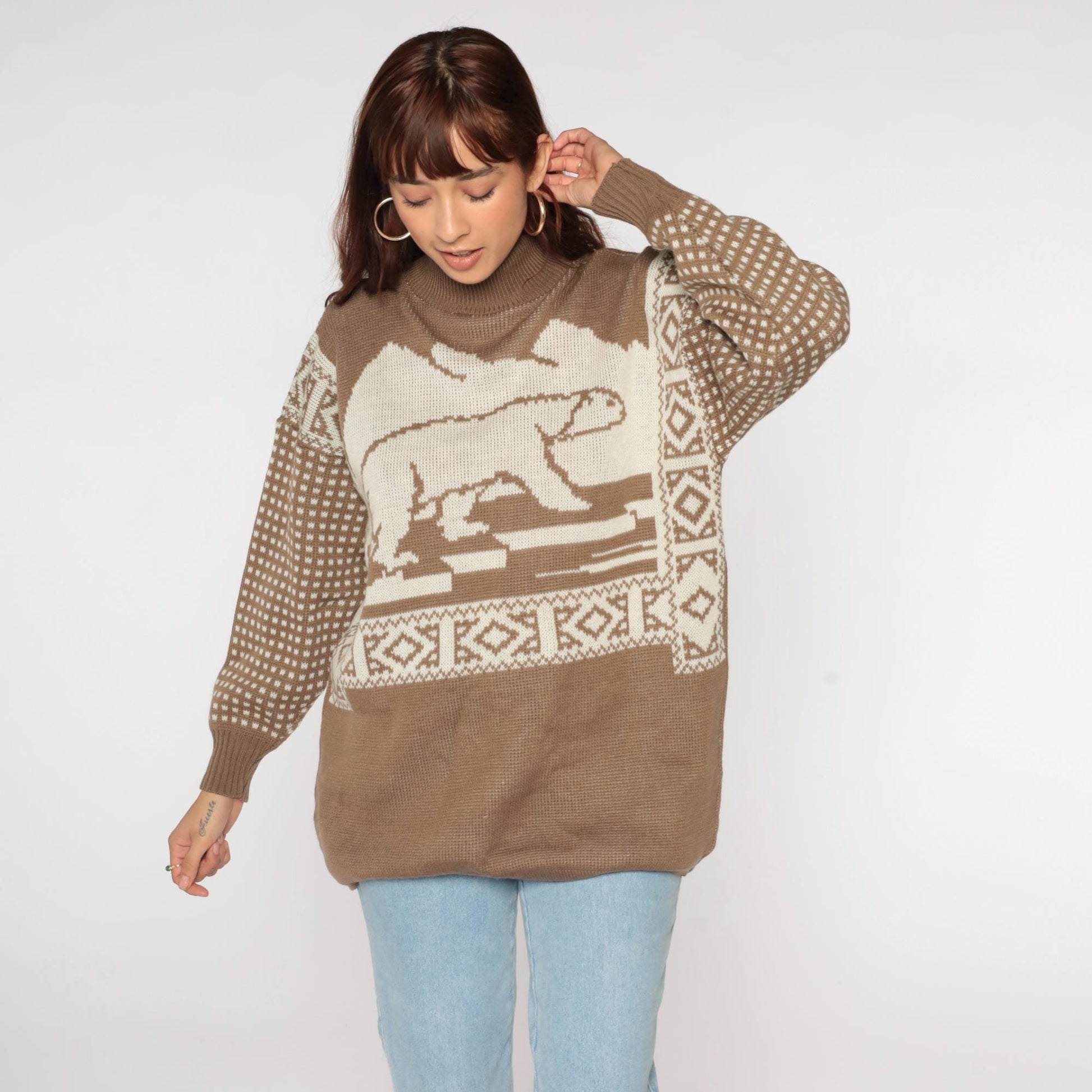 80s Polar Bear Graphic Sweater Brown Mock Neck Pullover Knit Medium