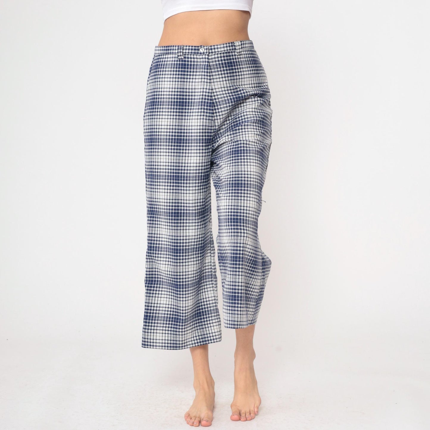 70s Jantzen Gingham Pants Blue White Checkered High Waisted Wide Leg Cropped Medium